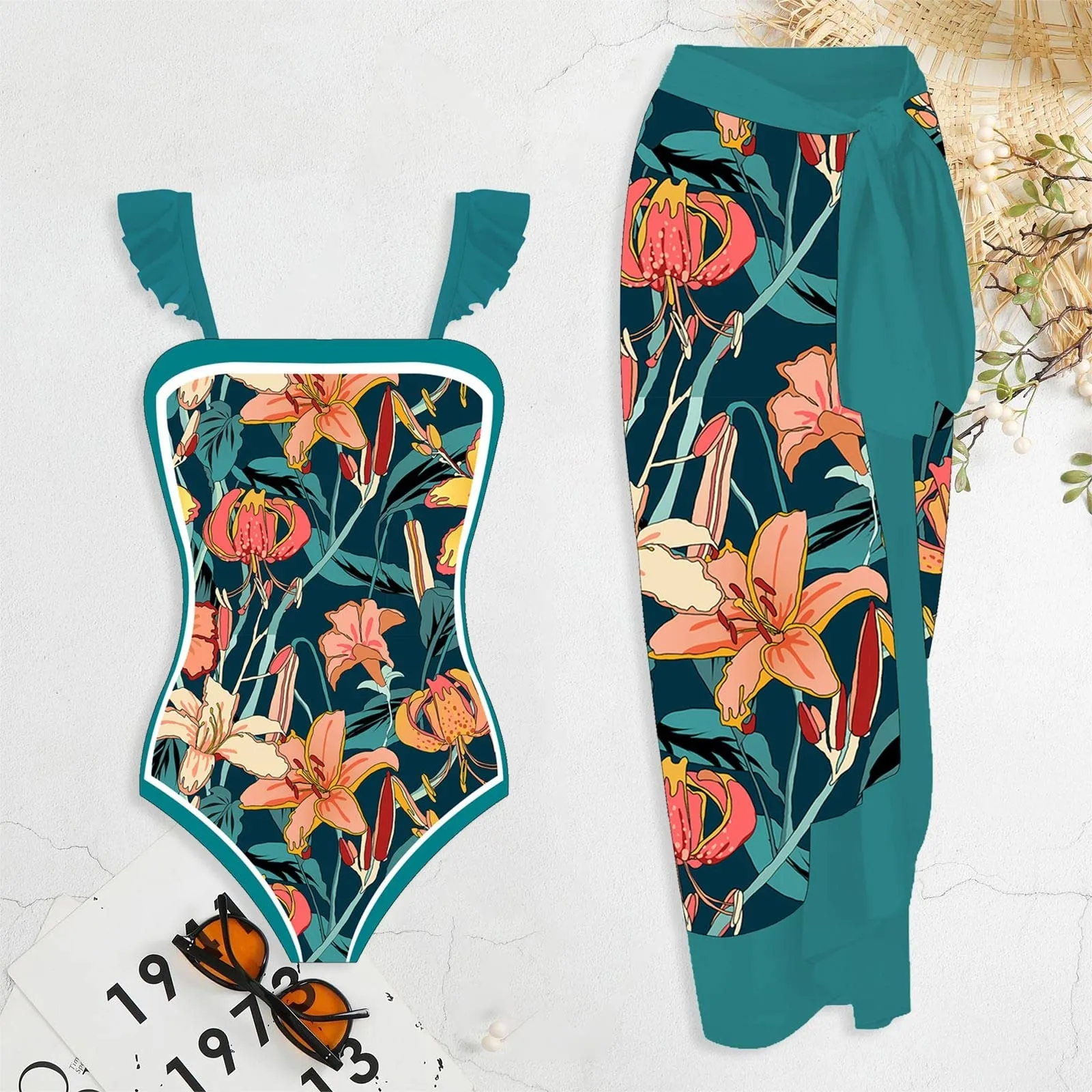 PAIDAXING Costume da bagno da donna a due pezzi con pareo floreale, verde, M - immagine 2