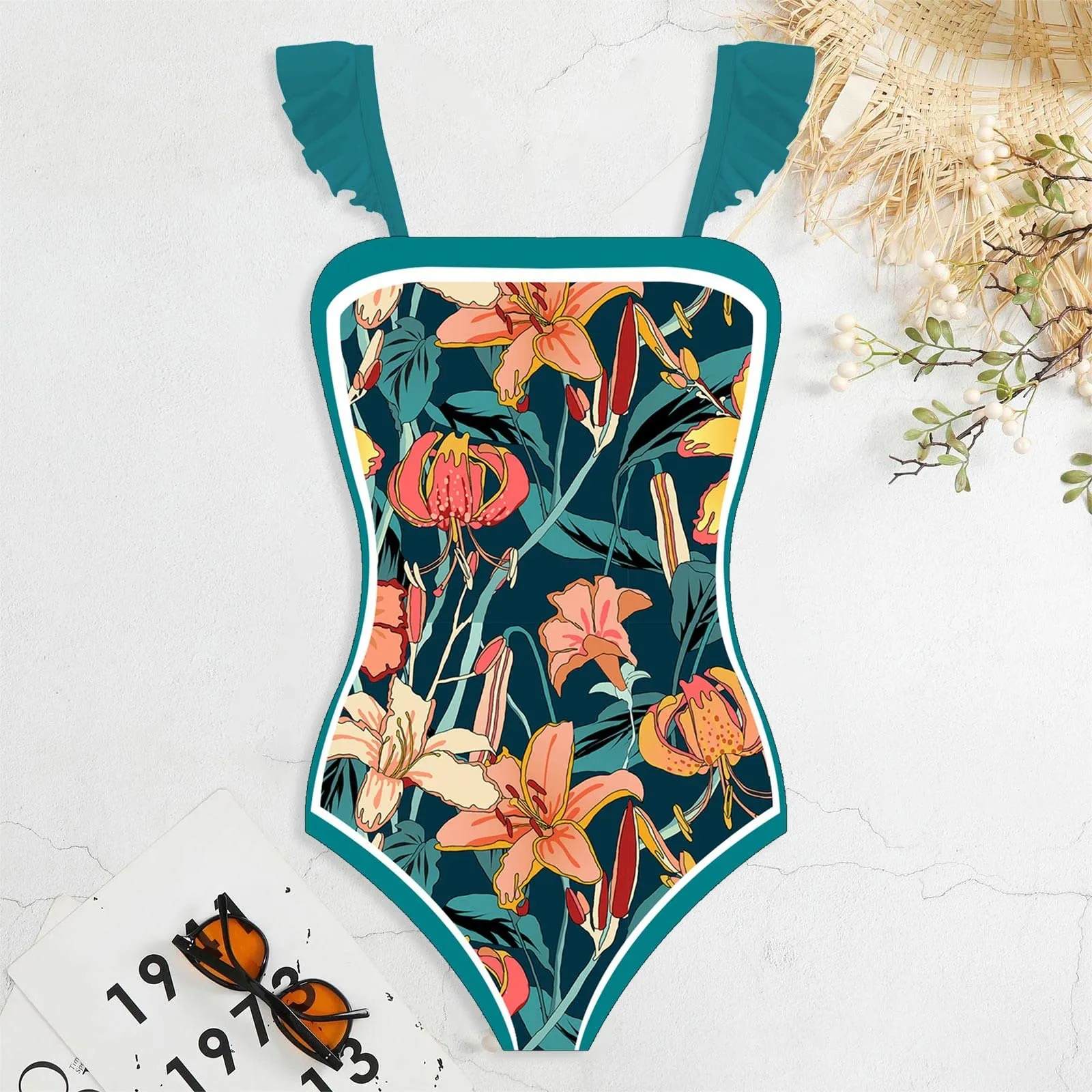 PAIDAXING Costume da bagno da donna a due pezzi con pareo floreale, verde, M - immagine 3