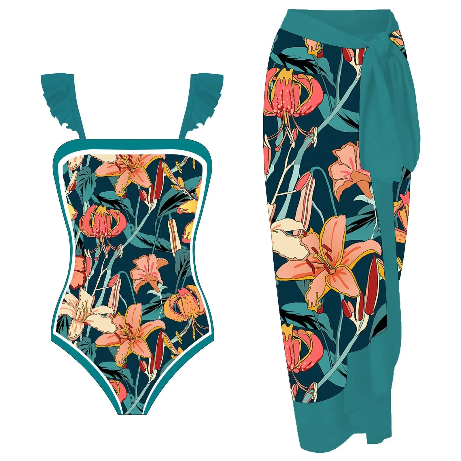 PAIDAXING Costume da bagno da donna 2 pezzi con pareo e stampa floreale, Verde, L - immagine 1