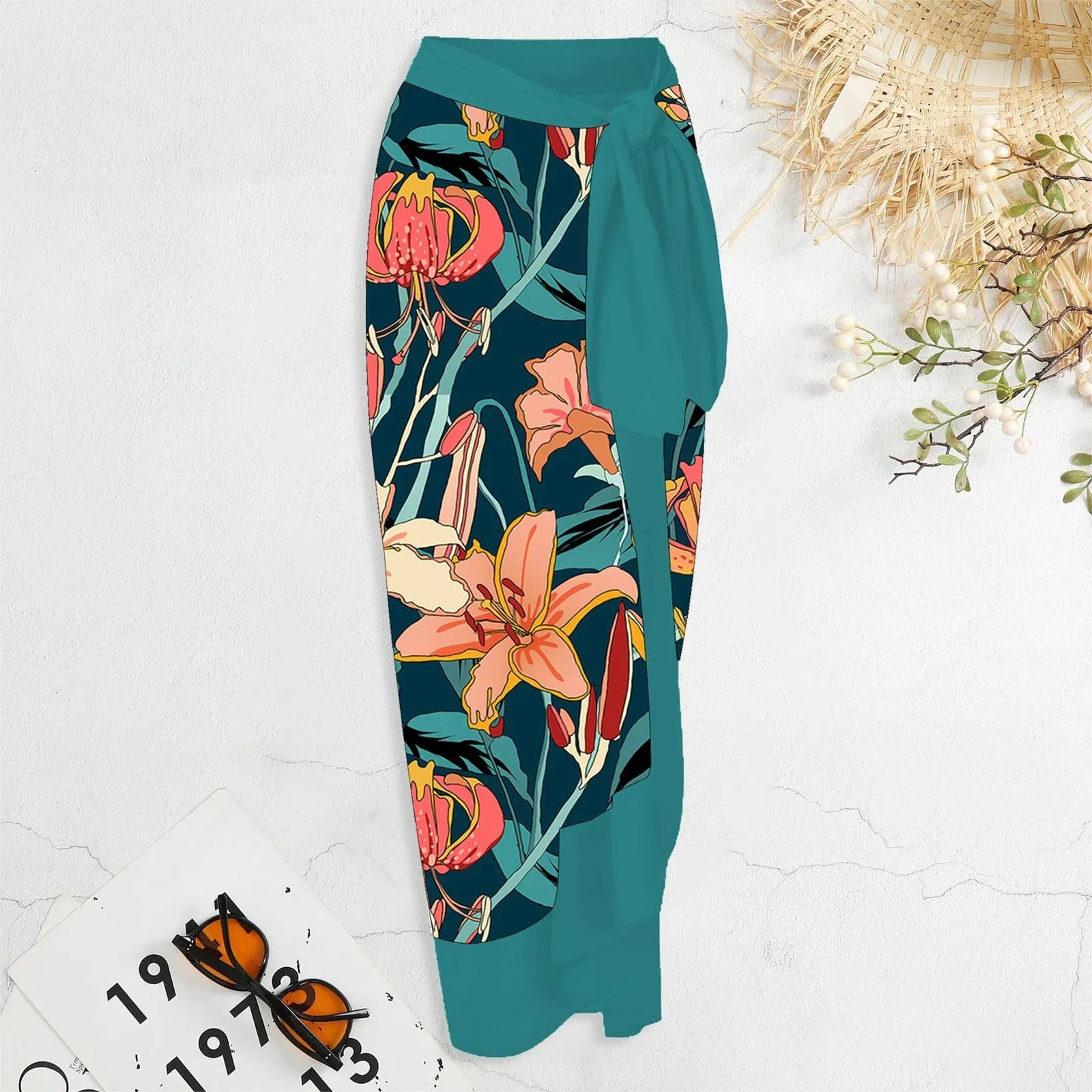 PAIDAXING Costume da bagno da donna 2 pezzi con pareo e stampa floreale, Verde, L - immagine 4