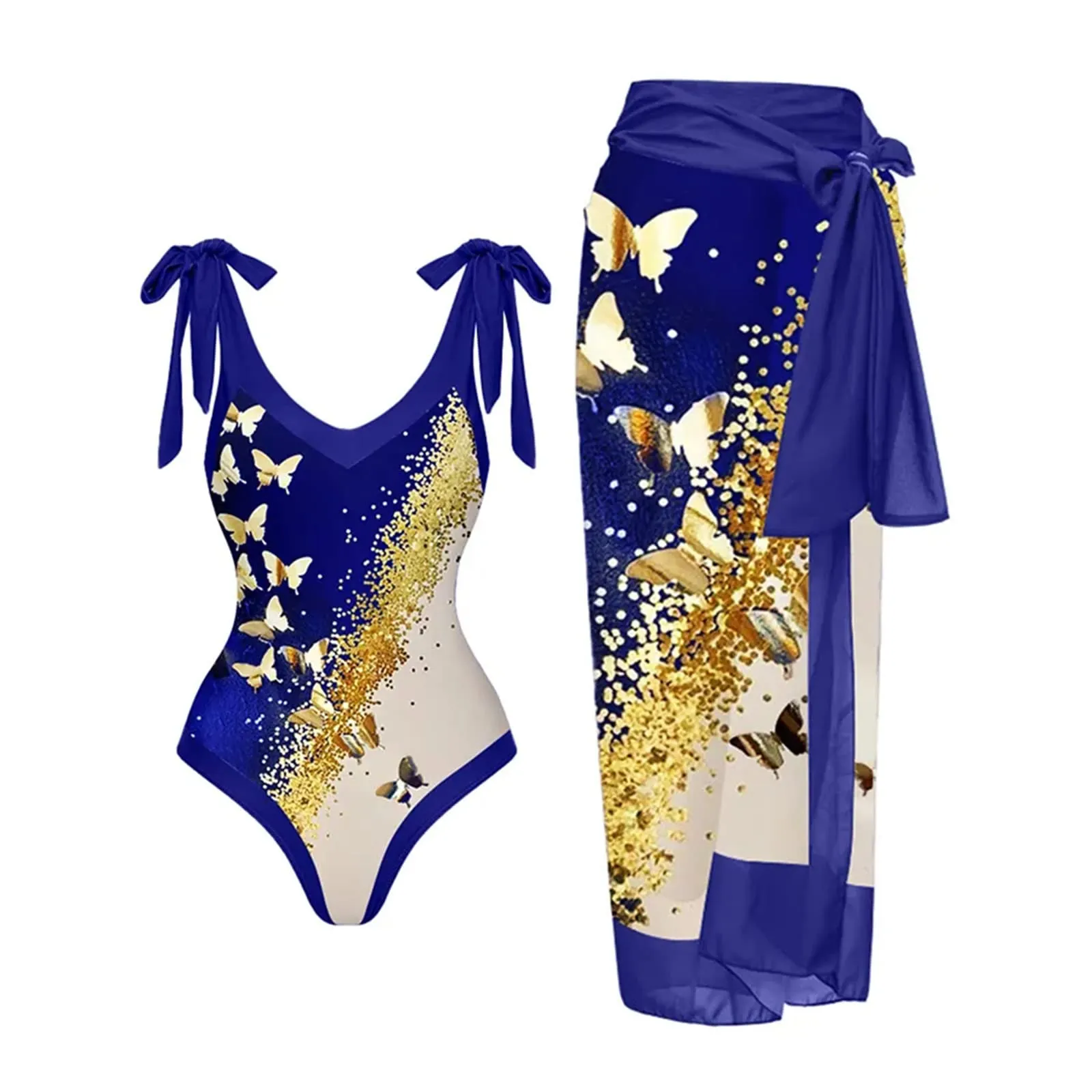 PAIDAXING Costume da bagno da donna a due pezzi con pareo e stampa floreale, 07-Blu, S - immagine 2