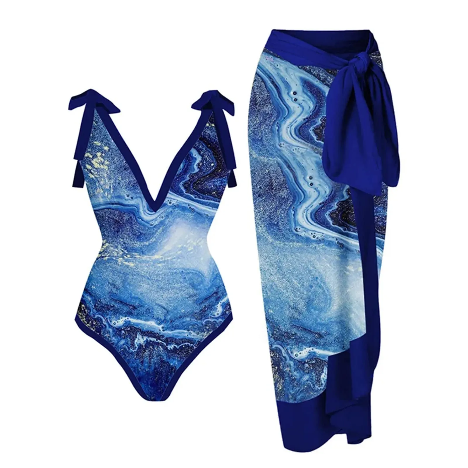 PAIDAXING Costume da Bagno Donna 2 Pezzi con Pareo Copricostume Stampa Floreale, Azzurro, S - immagine 2