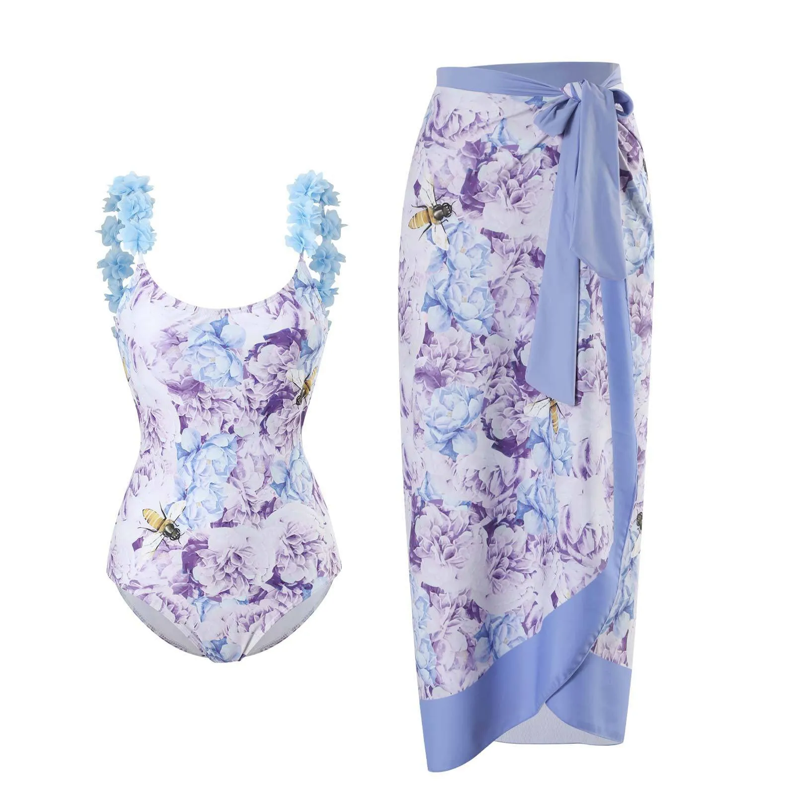 PAIDAXING Costume da bagno da donna a due pezzi con pareo, stampa floreale, 20-blu, M - immagine 2