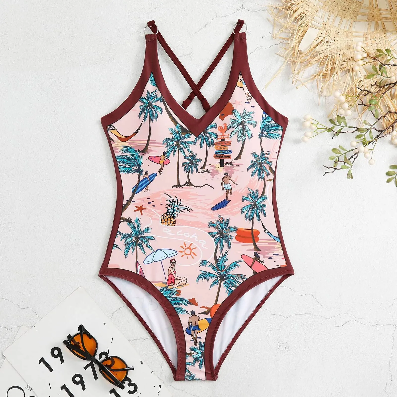 PAIDAXING Costume da bagno da donna a due pezzi con pareo, stampa floreale, Rosso, S - immagine 5