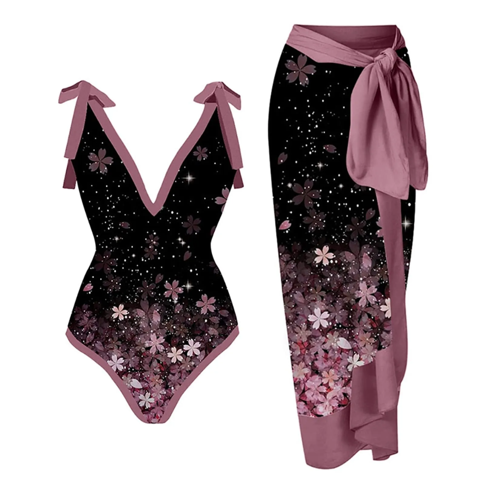 PAIDAXING Costume da Bagno Donna 2 Pezzi con Pareo Floreale, Nero, L - immagine 2