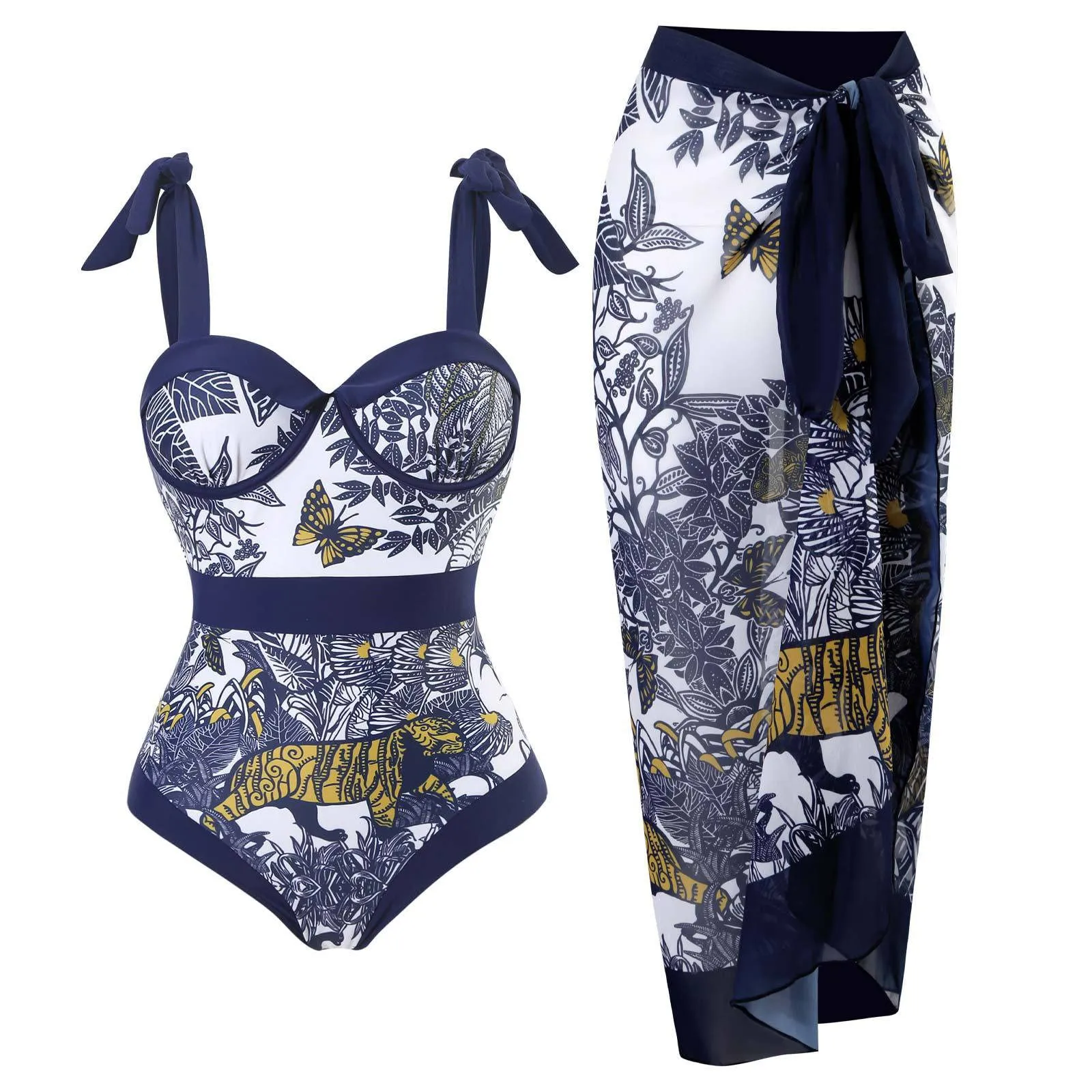 PAIDAXING Costume da bagno da donna 2 pezzi con pareo floreale, Blu Scuro, XL - immagine 2