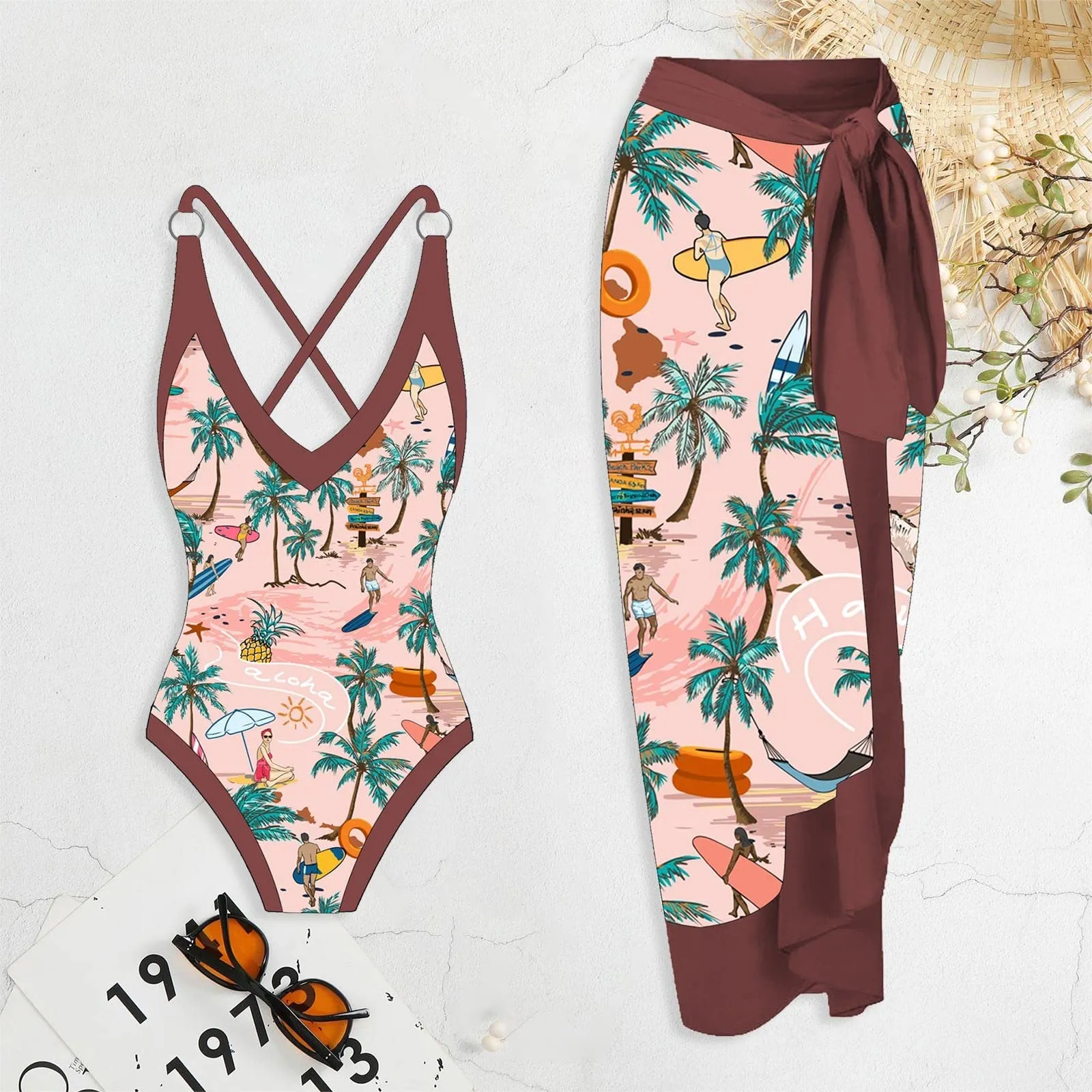 PAIDAXING Costume da bagno da donna 2 pezzi con pareo, stampa floreale, Rosso, L - immagine 2
