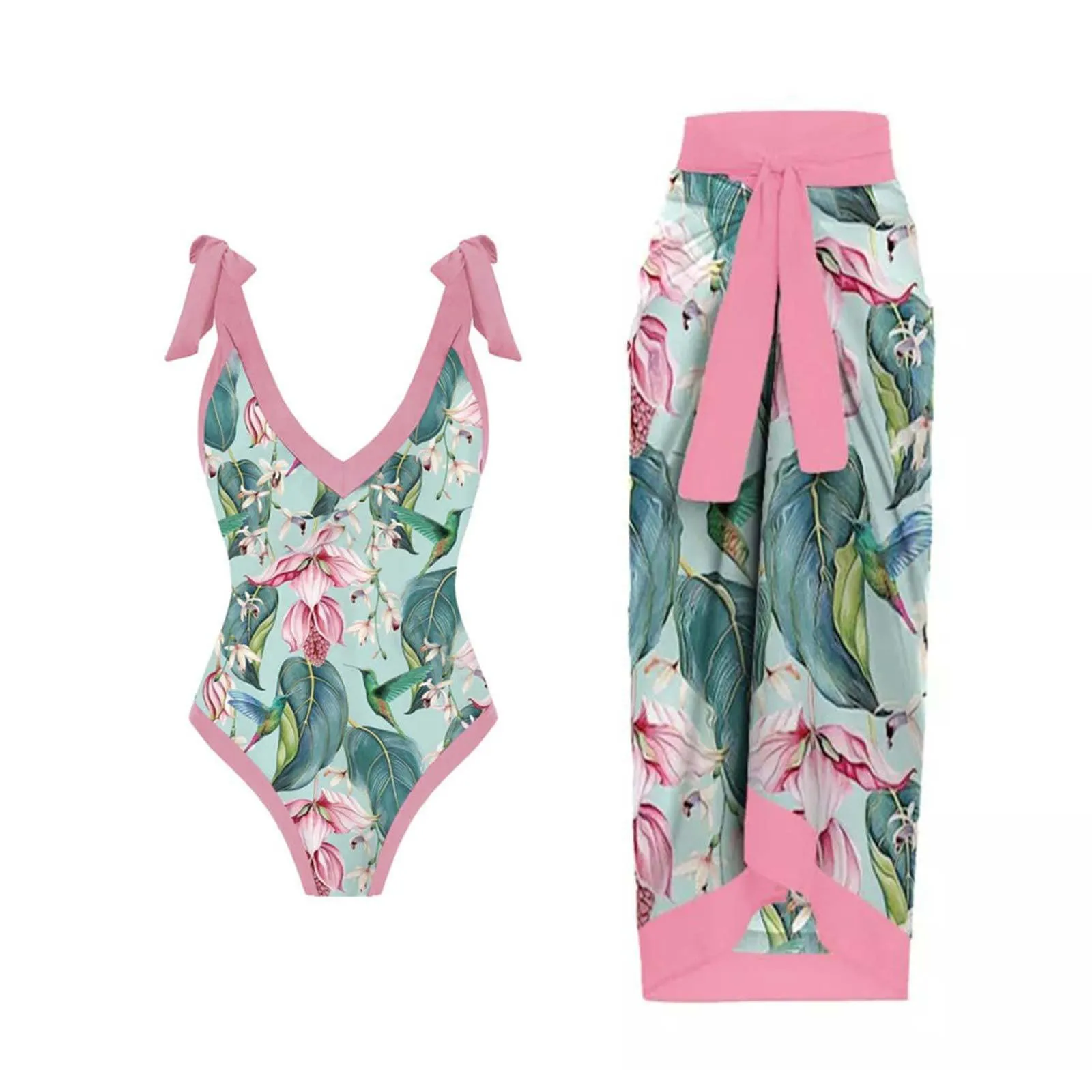 PAIDAXING Costume da bagno da donna a due pezzi con pareo e stampa floreale, Rosa, L - immagine 1