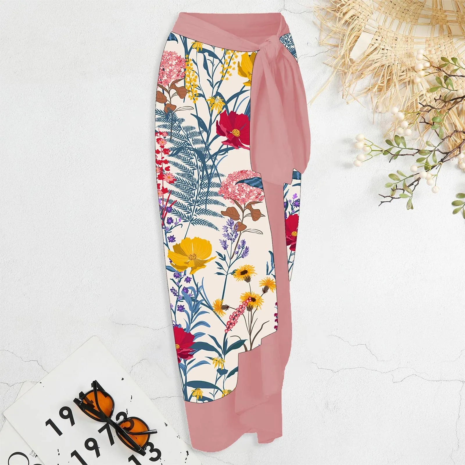 PAIDAXING Costume da bagno da donna a due pezzi con pareo, stampa floreale, Rosa, S - immagine 3