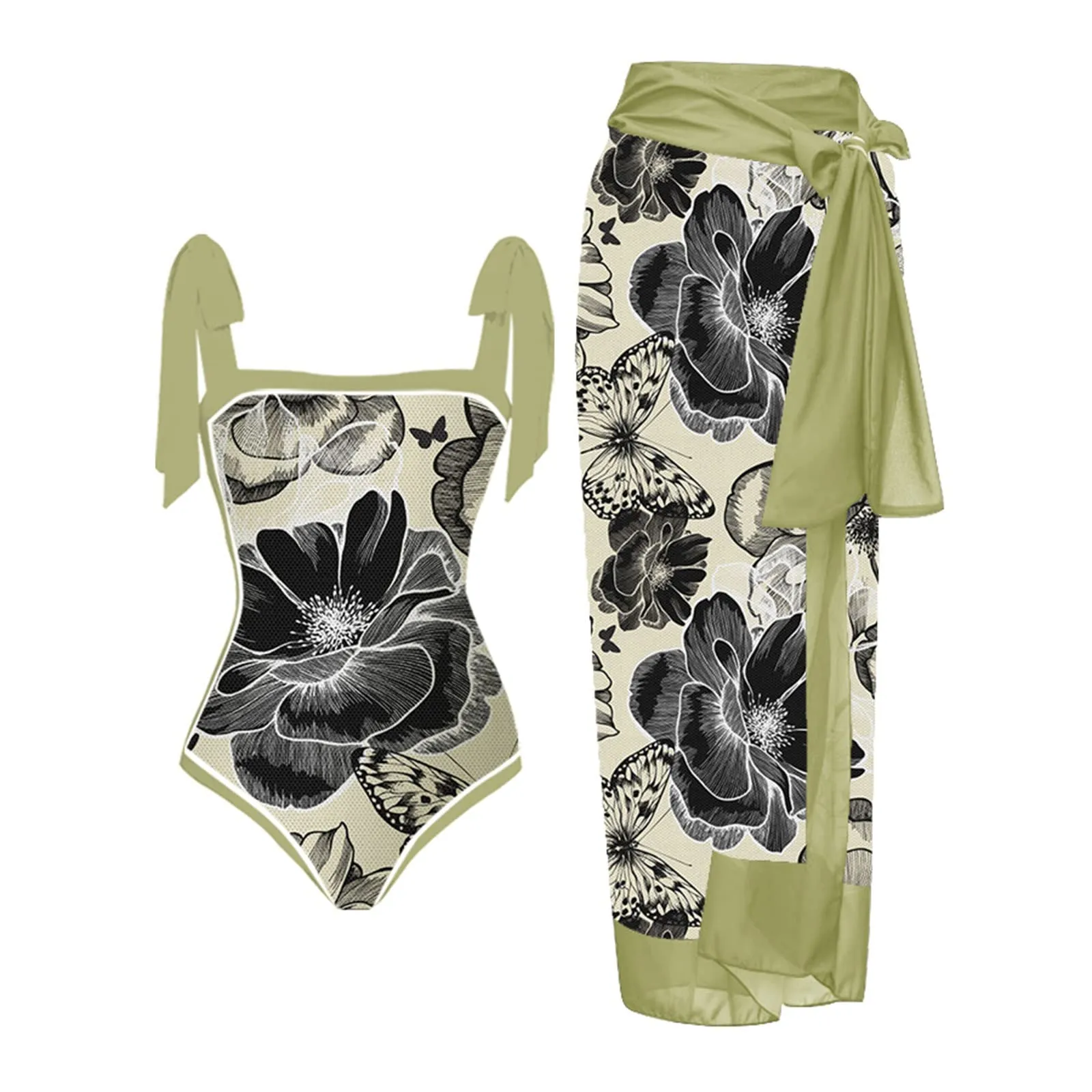 PAIDAXING Costume da bagno da donna a due pezzi con pareo, stampa floreale, verde, 3XL - immagine 2