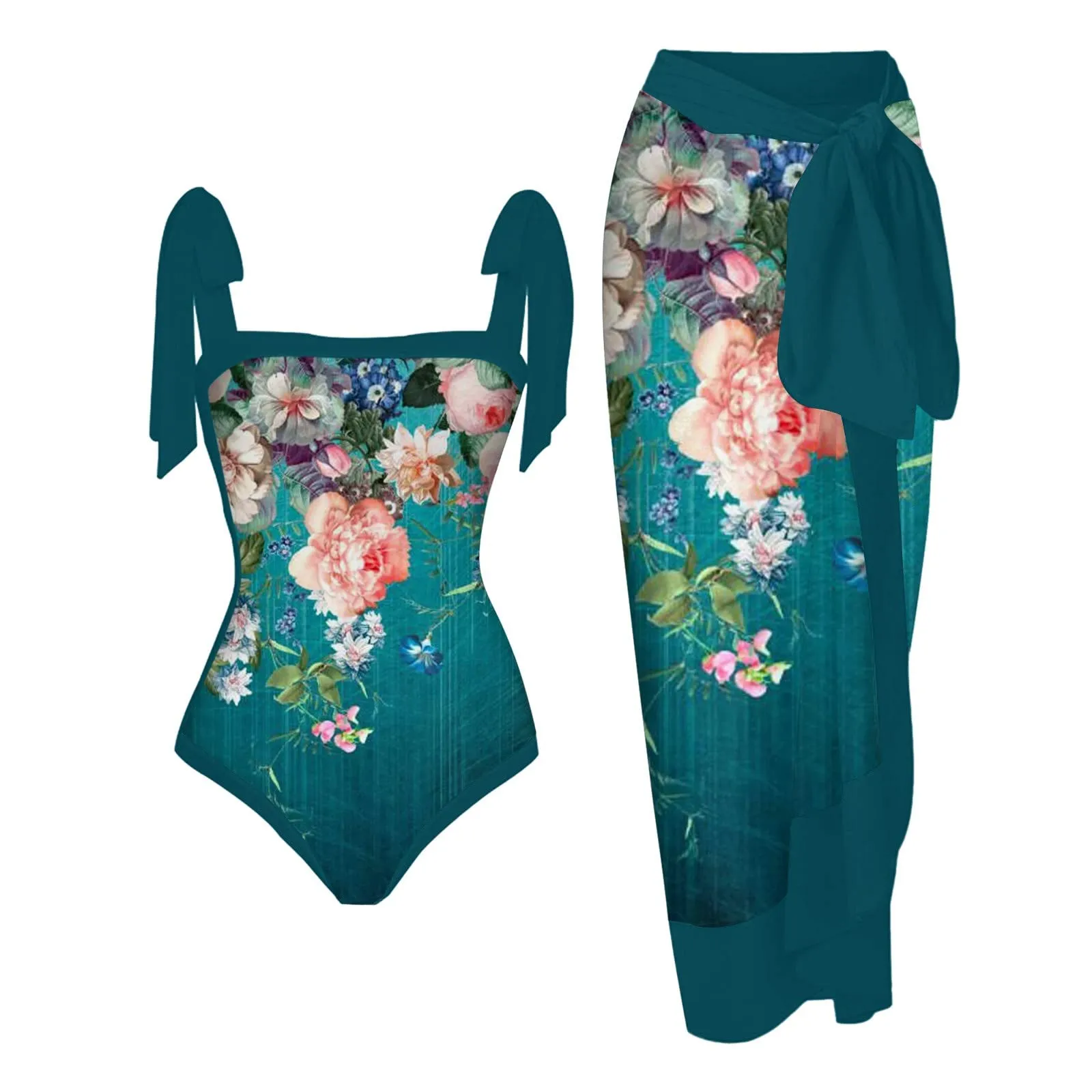 PAIDAXING Costume da bagno da donna a due pezzi con pareo a stampa floreale, 16-blu, 3XL - immagine 2