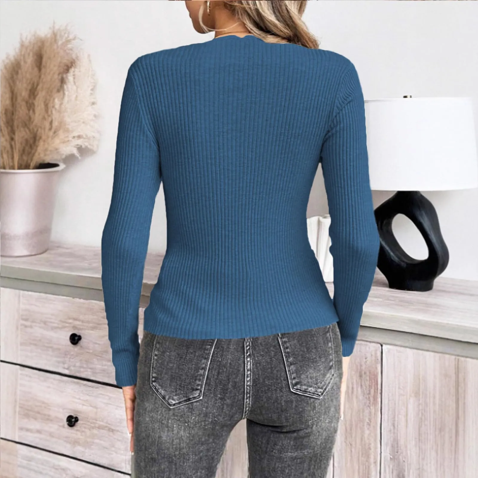 MOKBAY Maglia in Cotone Maniche Lunghe Slim Fit Donna, Tinta Unita, Nero, L - immagine 5