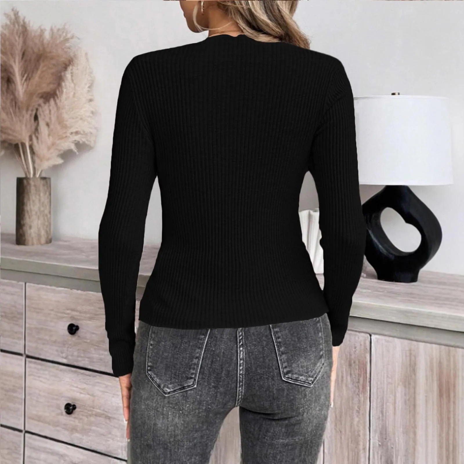 MOKBAY Maglia Donna Slim Fit Manica Lunga Tinta Unita Rosso M - immagine 3