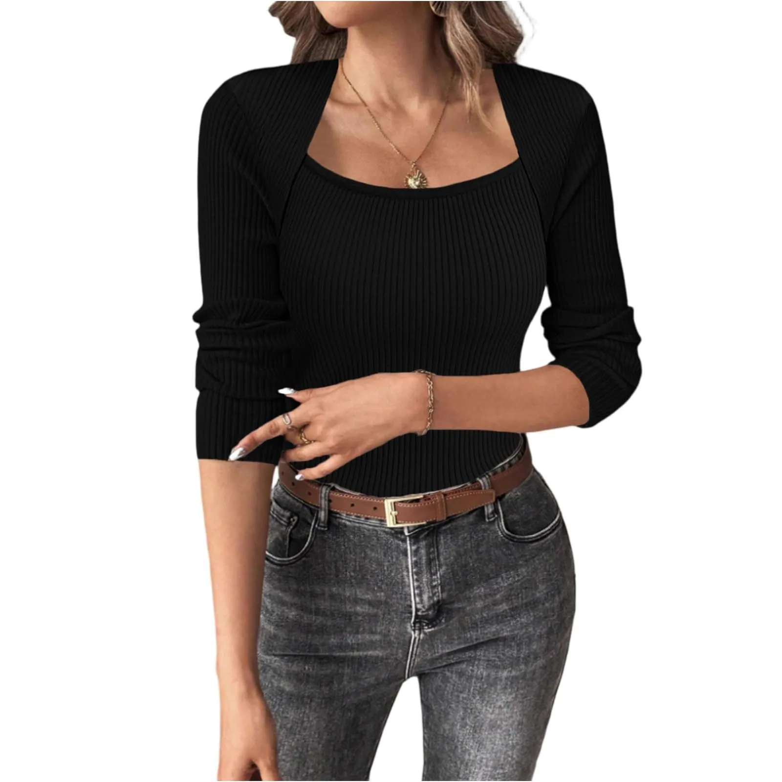 MOKBAY Maglia Donna Manica Lunga in Cotone Slim Fit Tinta Unita, Bianco, L - immagine 1