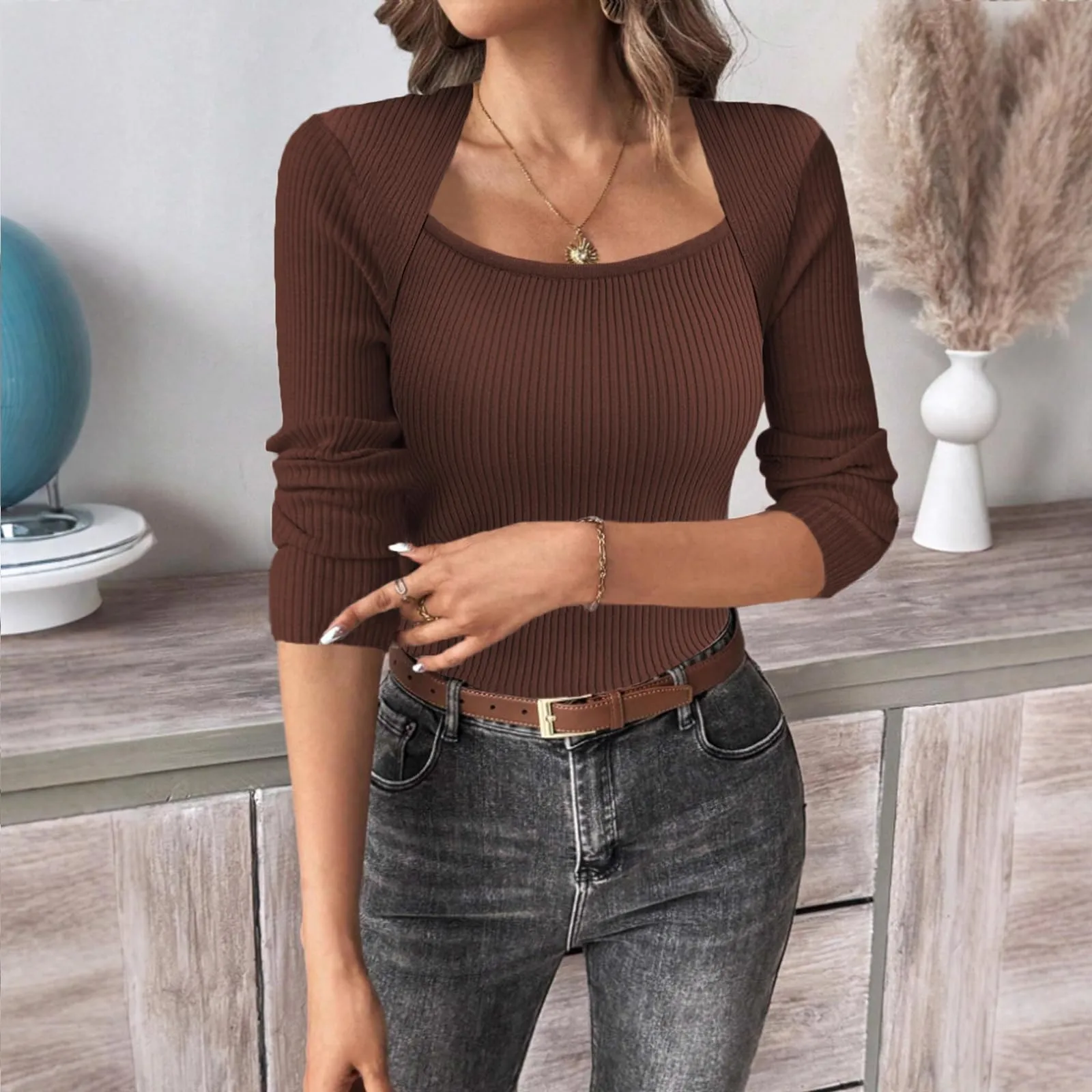 MOKBAY Maglia Donna in Cotone Maniche Lunghe Slim Fit Tinta Unita L - immagine 2