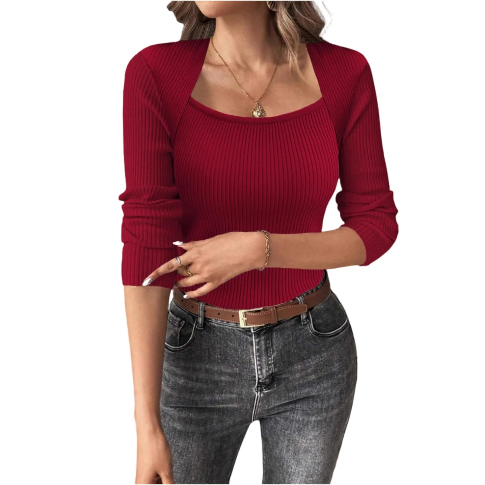 MOKBAY Maglia Donna Slim Fit Manica Lunga in Cotone Tinta Unita, Arancione, M - immagine 1