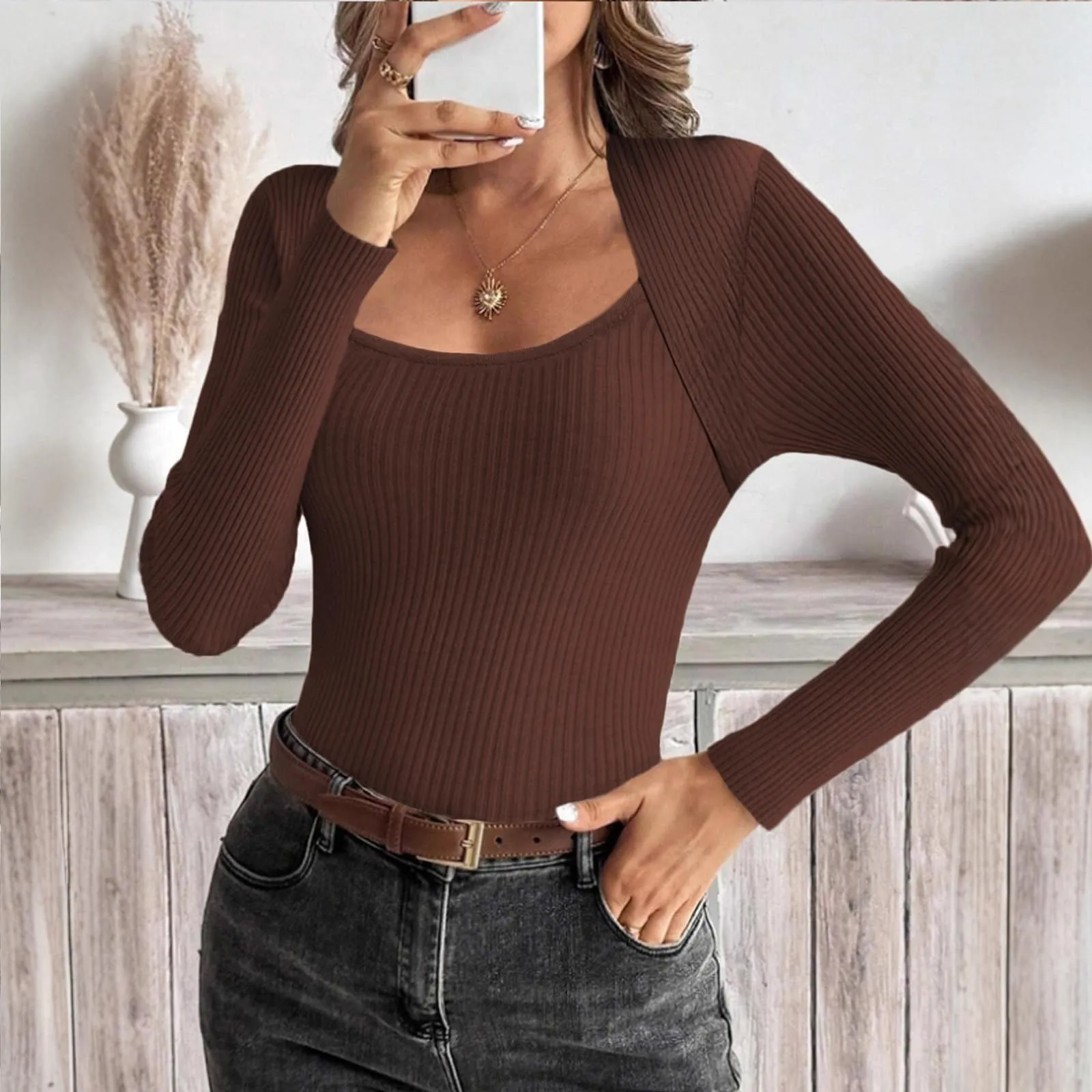 MOKBAY Maglia Donna Manica Lunga Slim Fit Tinta Unita Arancione S - immagine 3