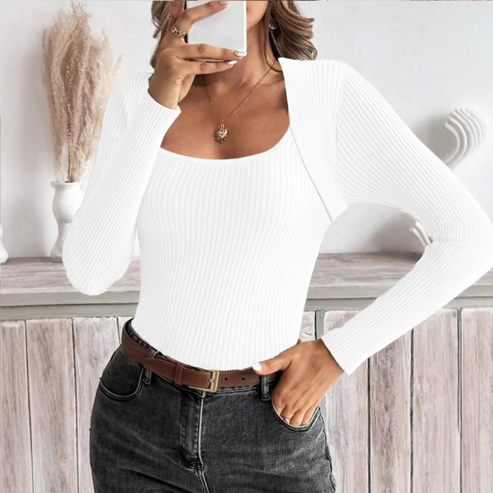 MOKBAY Maglia Donna in Cotone Manica Lunga Aderente Tinta Unita Slim Fit, L - immagine 5