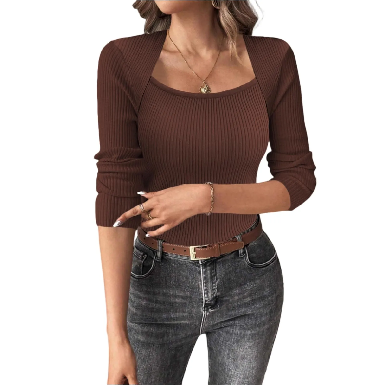 MOKBAY Maglia Slim Fit Donna in Cotone Manica Lunga Tinta Unita XL - immagine 1