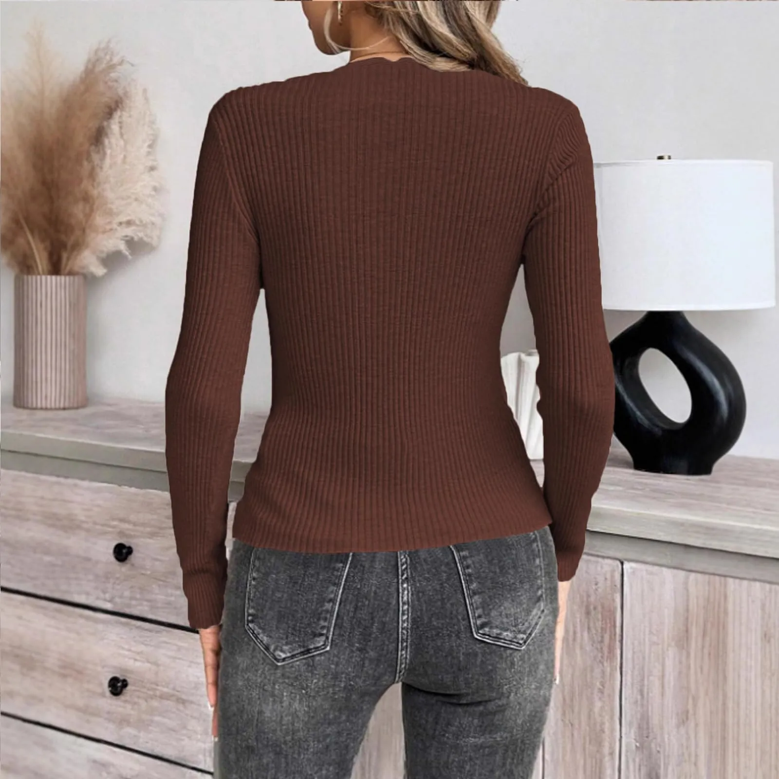 MOKBAY Maglia Slim Fit Donna in Cotone Manica Lunga Tinta Unita XL - immagine 5