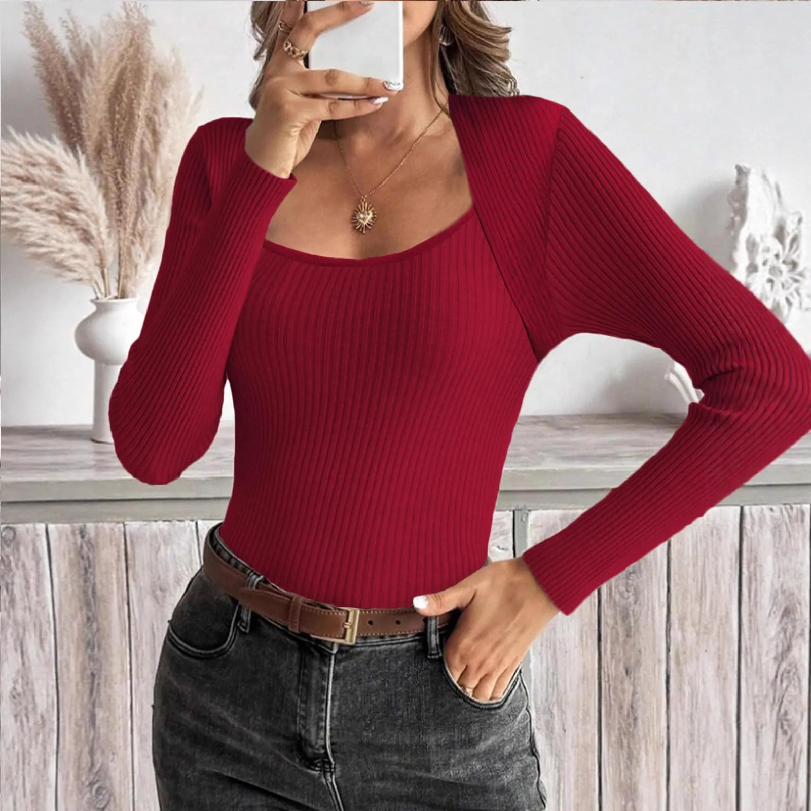 MOKBAY Maglietta in Cotone Donna Manica Lunga Tinta Unita, Arancione, S - immagine 3