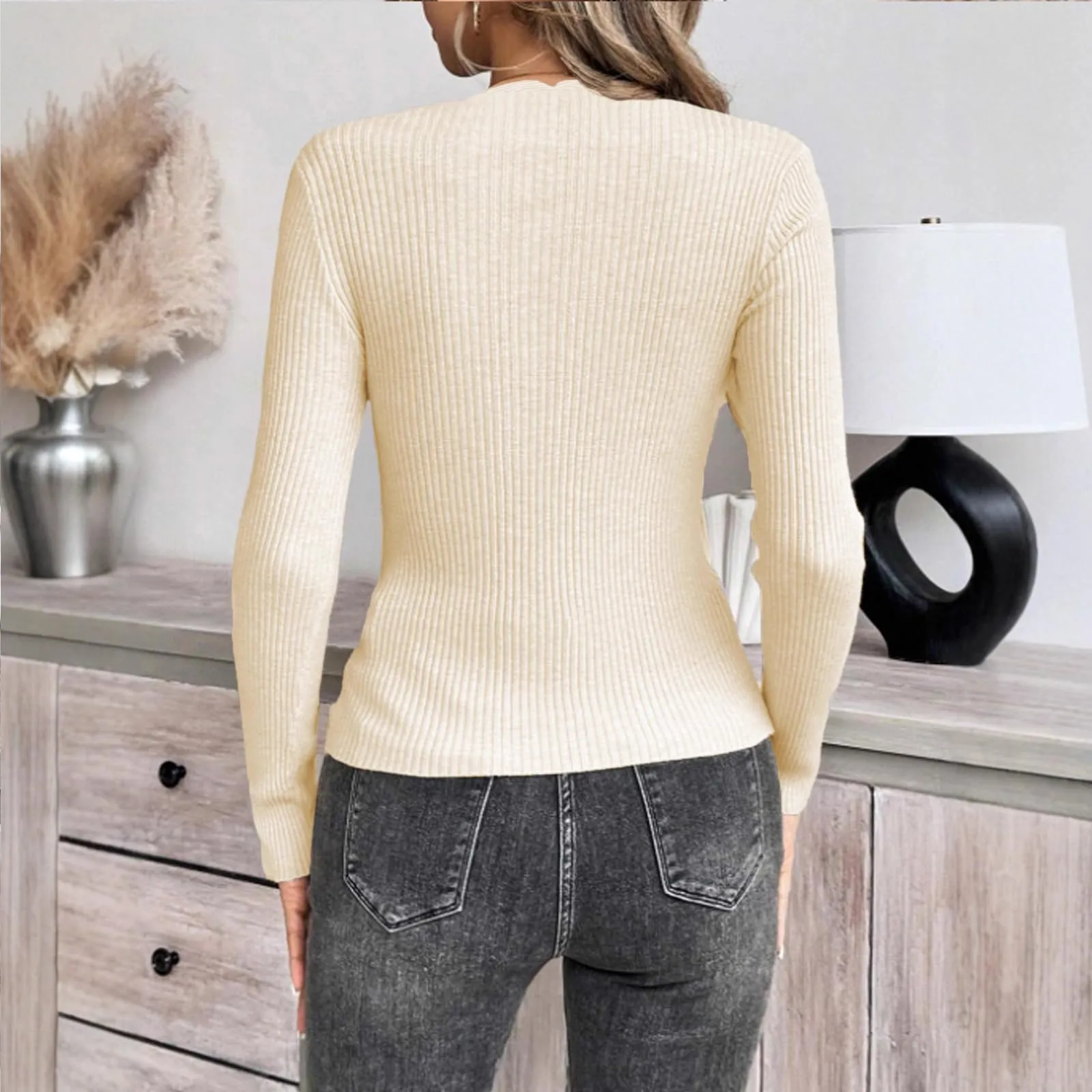 MOKBAY Maglia Donna Curvy Basic Elegante Manica Lunga Bianco Slim Fit Corsetto XL - immagine 5