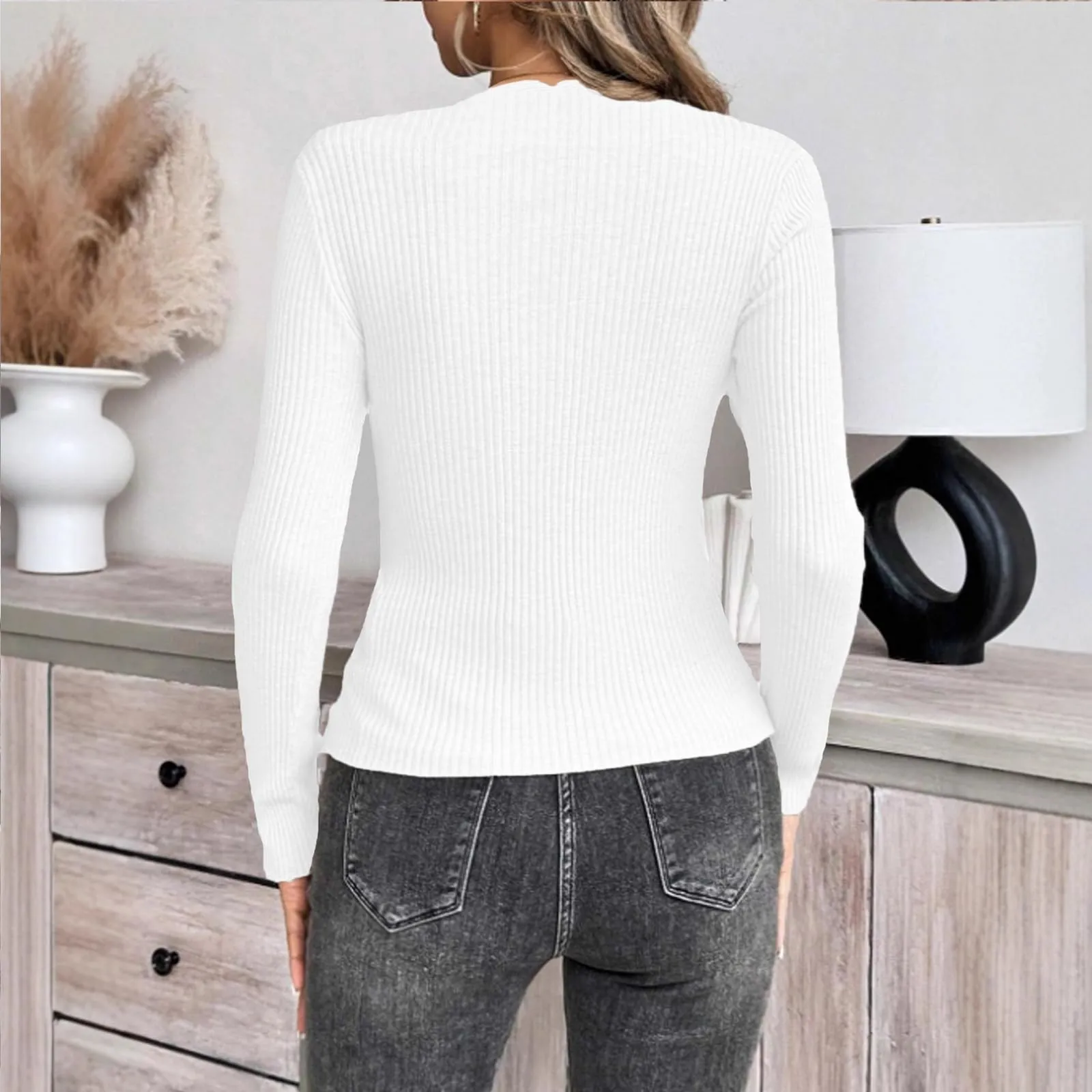 MOKBAY Maglietta Donna Manica Lunga Scollo a V Slim Fit Tinta Unita Arancione Taglia S - immagine 3