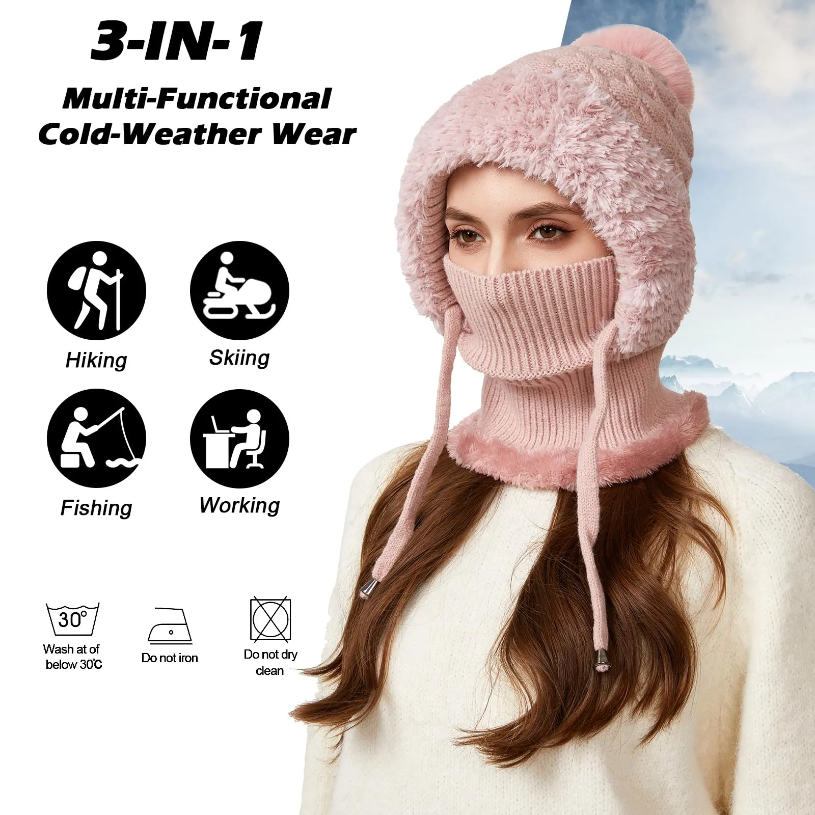 AYPOW Passamontagna Balaclava Sci Donna in Maglia con Fodera in Pile e Palla di Pelo - immagine 2