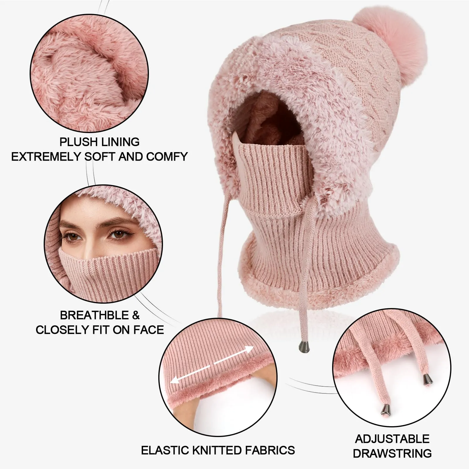AYPOW Passamontagna Balaclava Sci Donna in Maglia con Fodera in Pile e Palla di Pelo - immagine 4