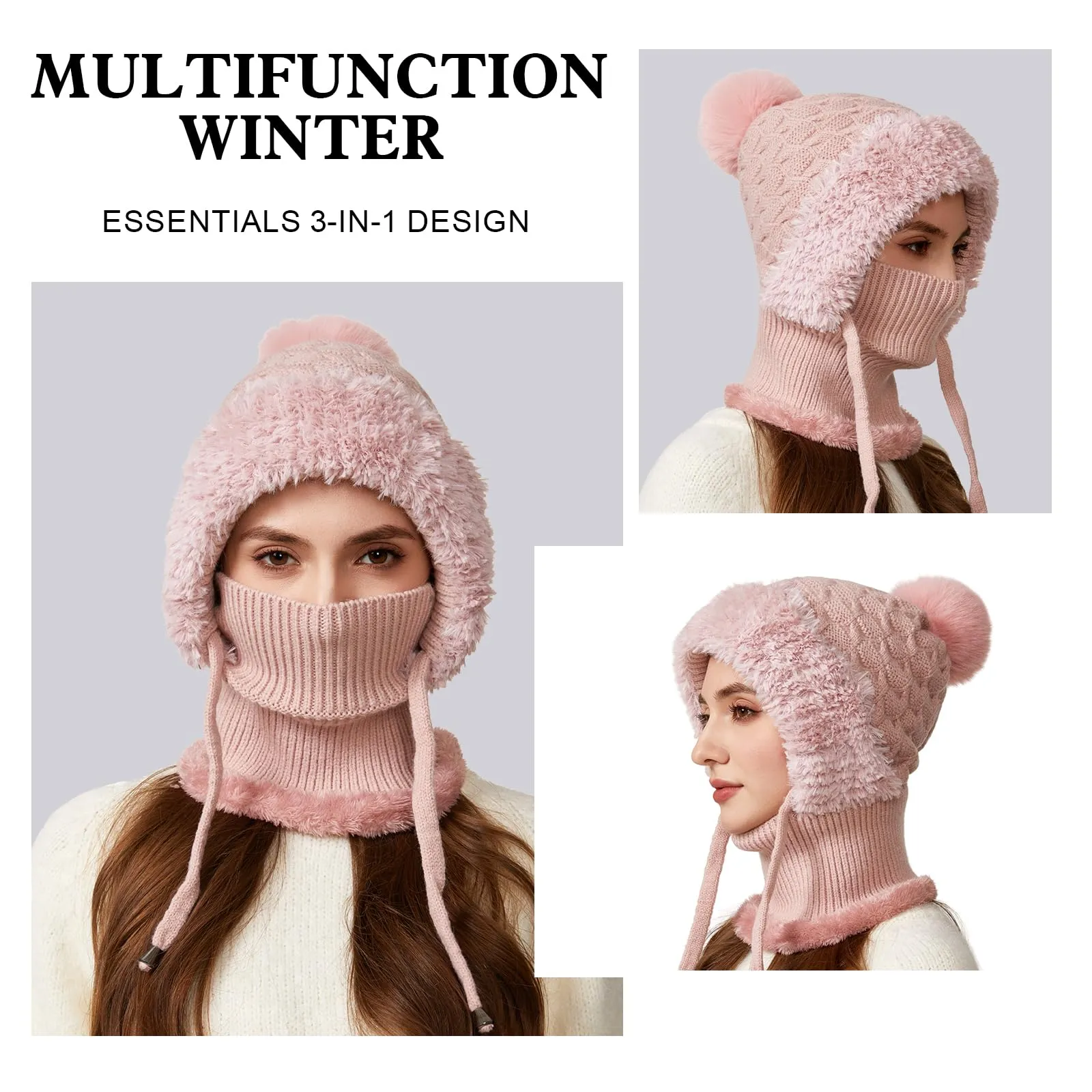 AYPOW Passamontagna Balaclava Sci Donna in Maglia con Fodera in Pile e Palla di Pelo - immagine 5