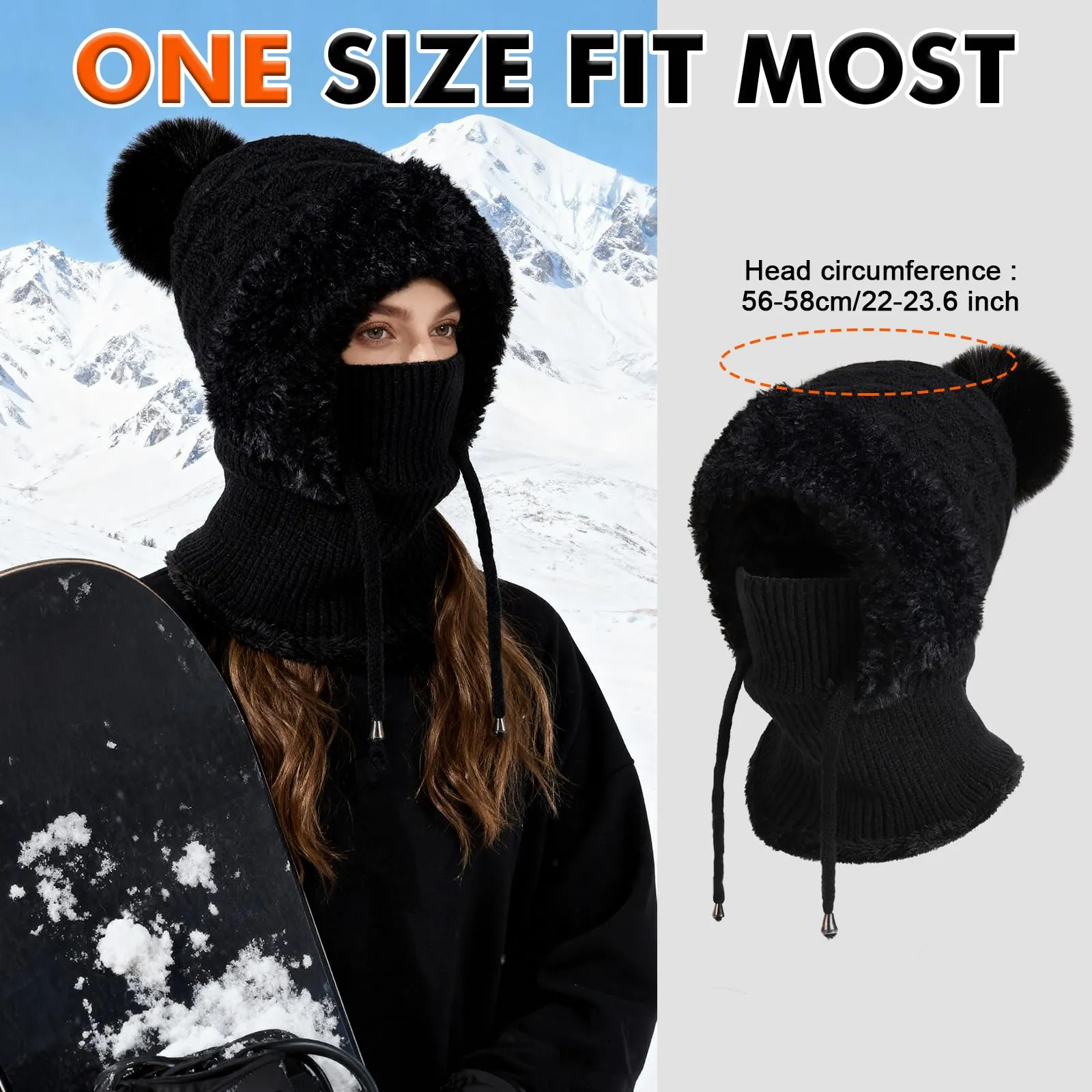AYPOW Passamontagna Balaclava Sci Donna in Maglia con Fodera in Pile e Palla di Pelo - immagine 6