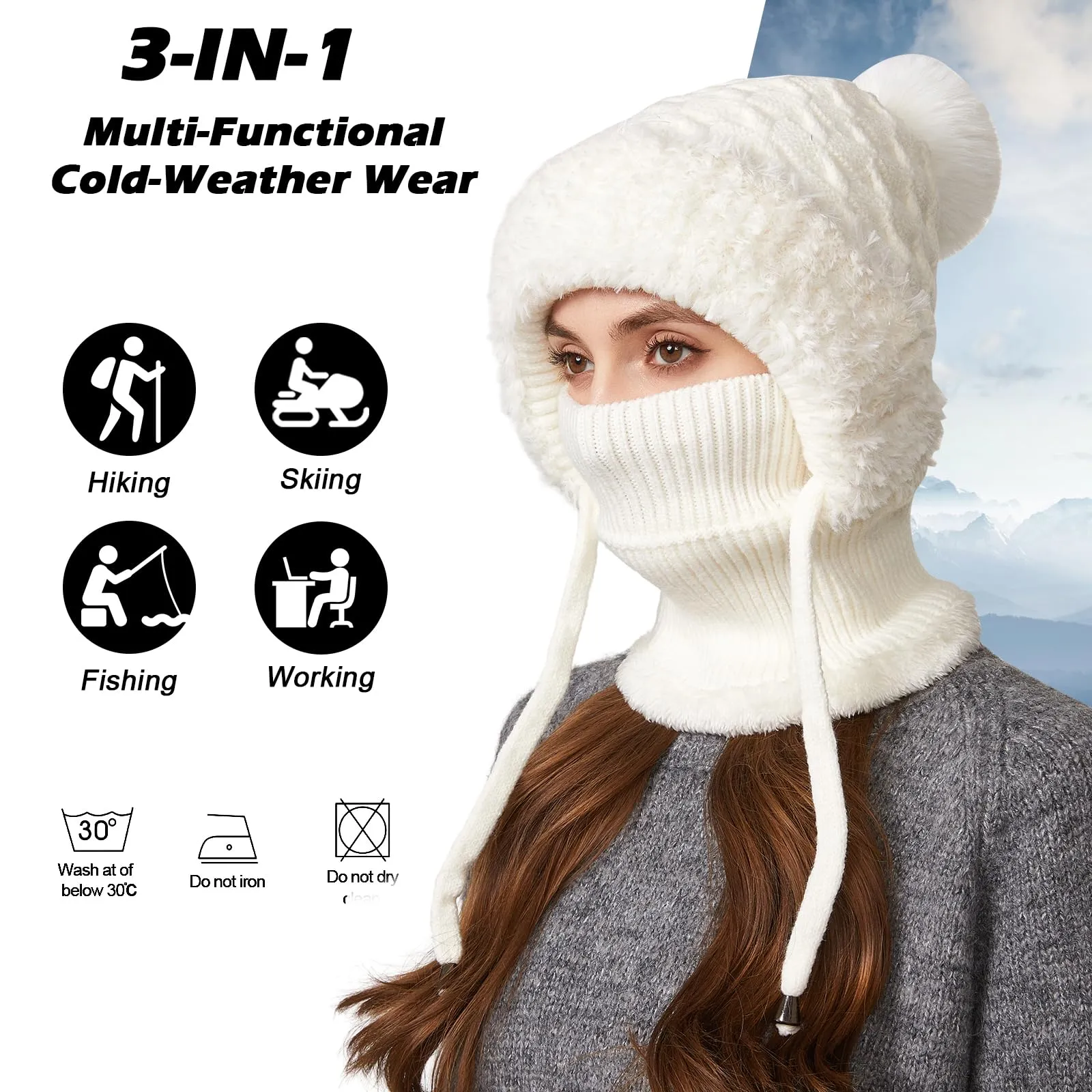 AYPOW Passamontagna Balaclava Sci Donna Invernale in Maglia con Fodera in Pile e Palla di Pelo - immagine 2