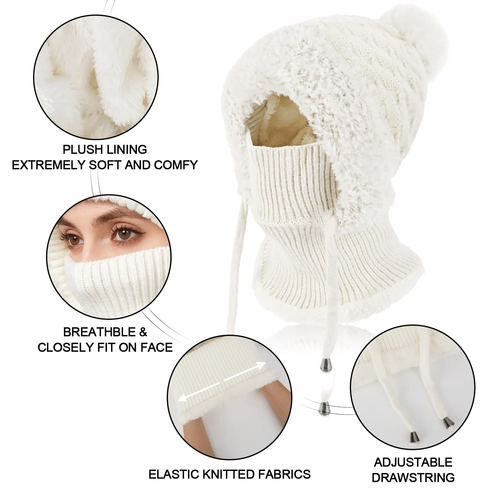 AYPOW Passamontagna Balaclava Sci Donna Invernale in Maglia con Fodera in Pile e Palla di Pelo - immagine 3