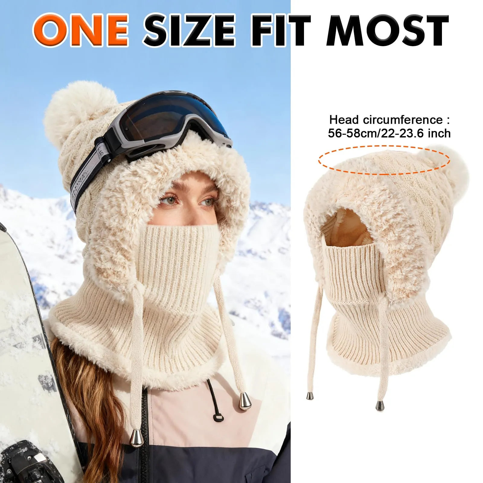 AYPOW Passamontagna Balaclava Sci Donna Invernale in Maglia con Fodera in Pile e Palla di Pelo - immagine 6