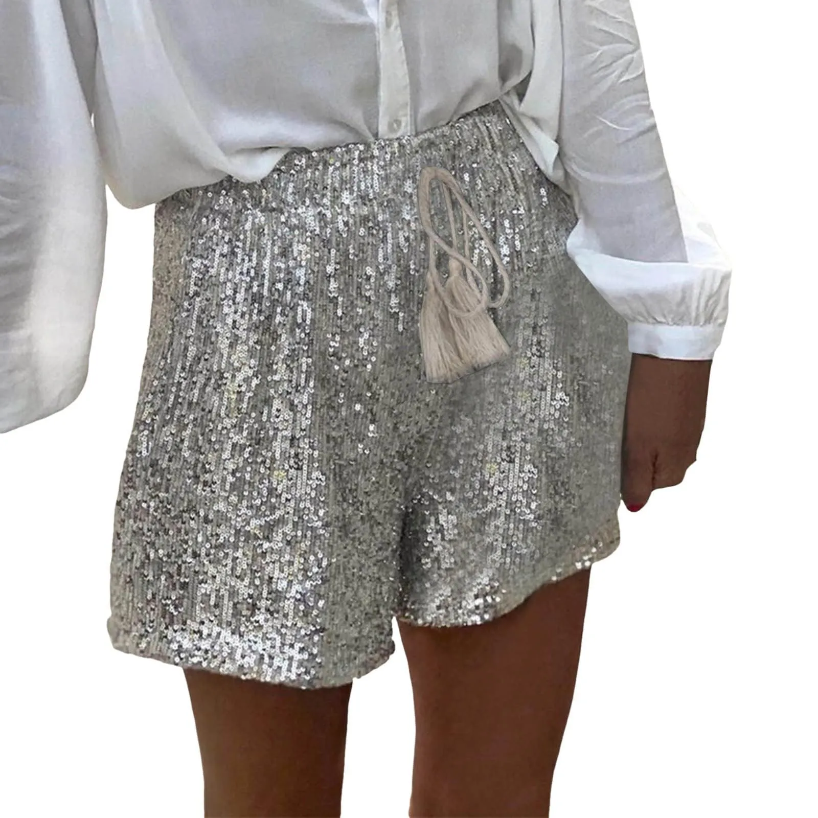 Generico Pantaloncini Donna Paillettes Vita Alta con Tasche e Coulisse, Argento, M - immagine 1