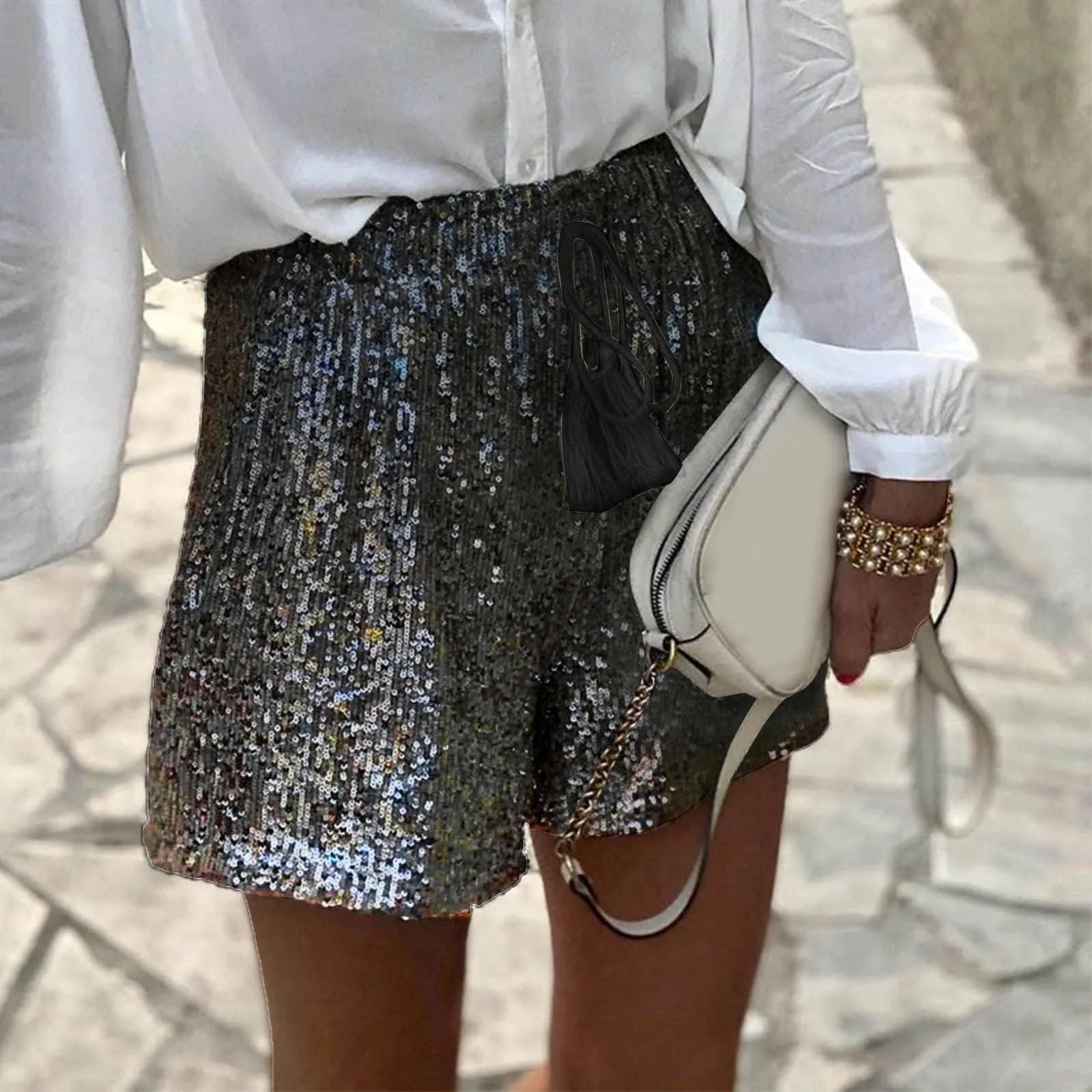 Generico Pantaloncini Donna Paillettes Vita Alta con Tasche e Coulisse, Nero, L - immagine 3