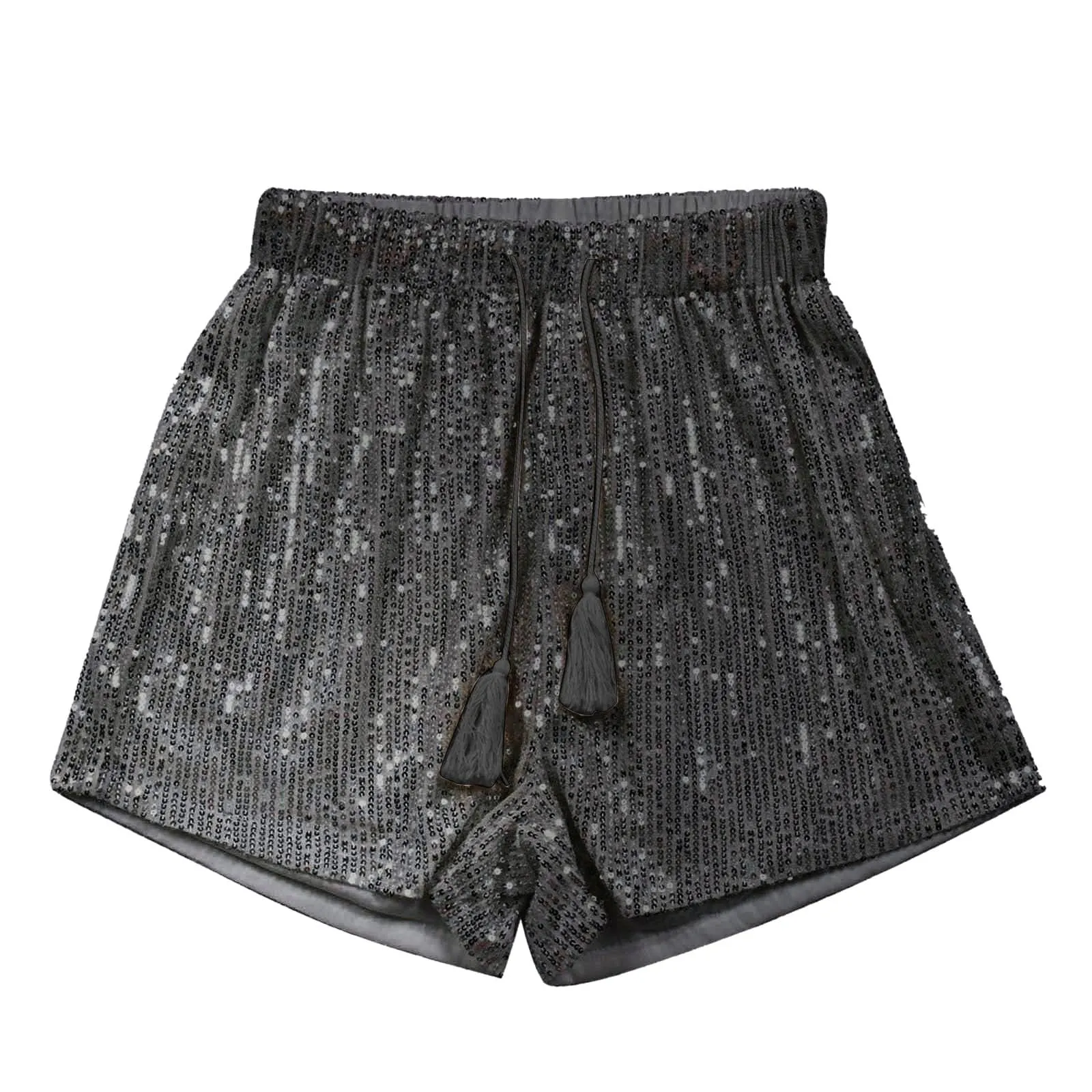 Generico Pantaloncini Donna Paillettes Larghi Vita Alta con Tasche e Coulisse (XXL, Nero) - immagine 5