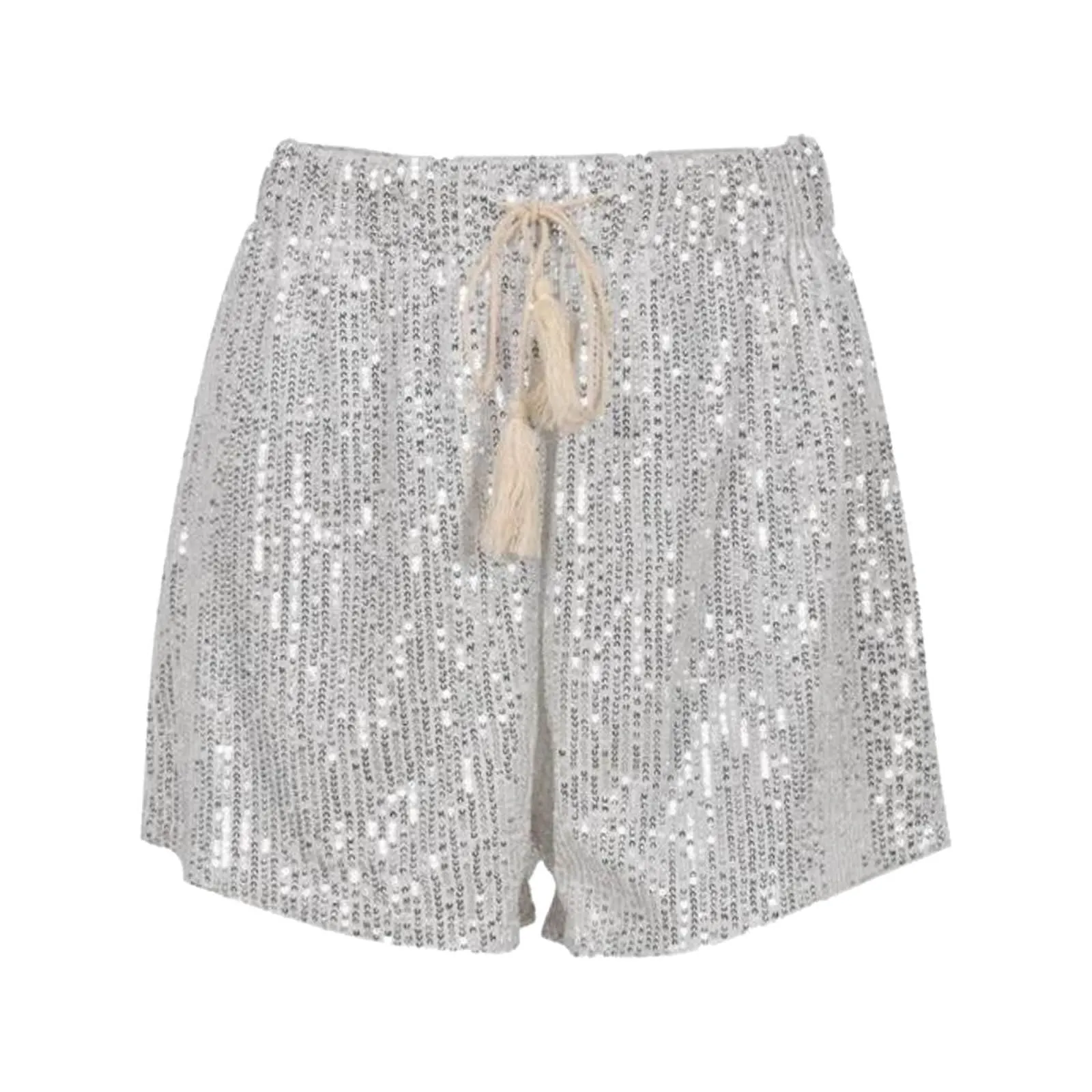 Generico Pantaloncini Donna Paillettes Vita Alta con Tasche e Coulisse, Argento, XL - immagine 5