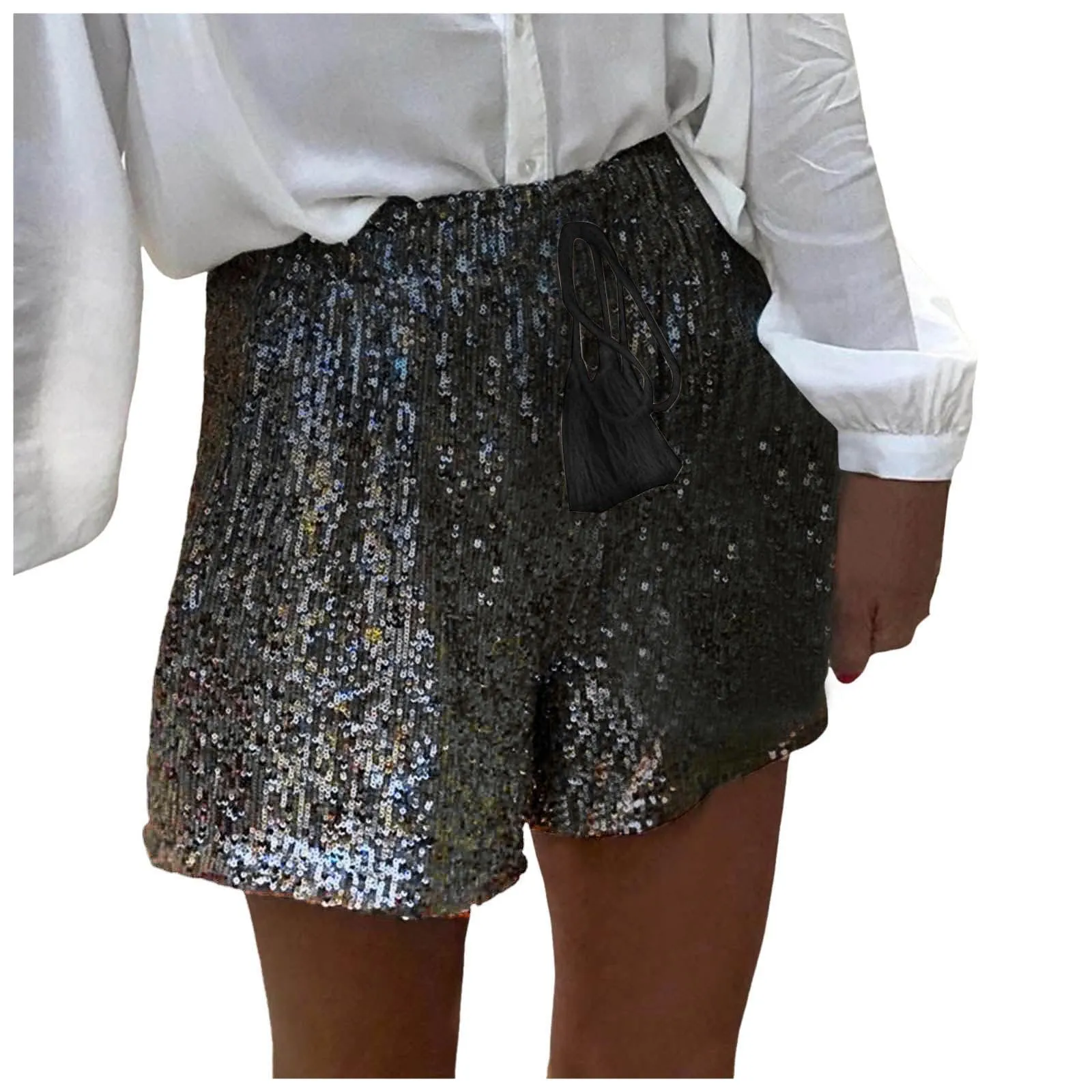 Generico Pantaloncini Donna Paillettes Larghi Vita Alta con Tasche, Nero, XL - immagine 1