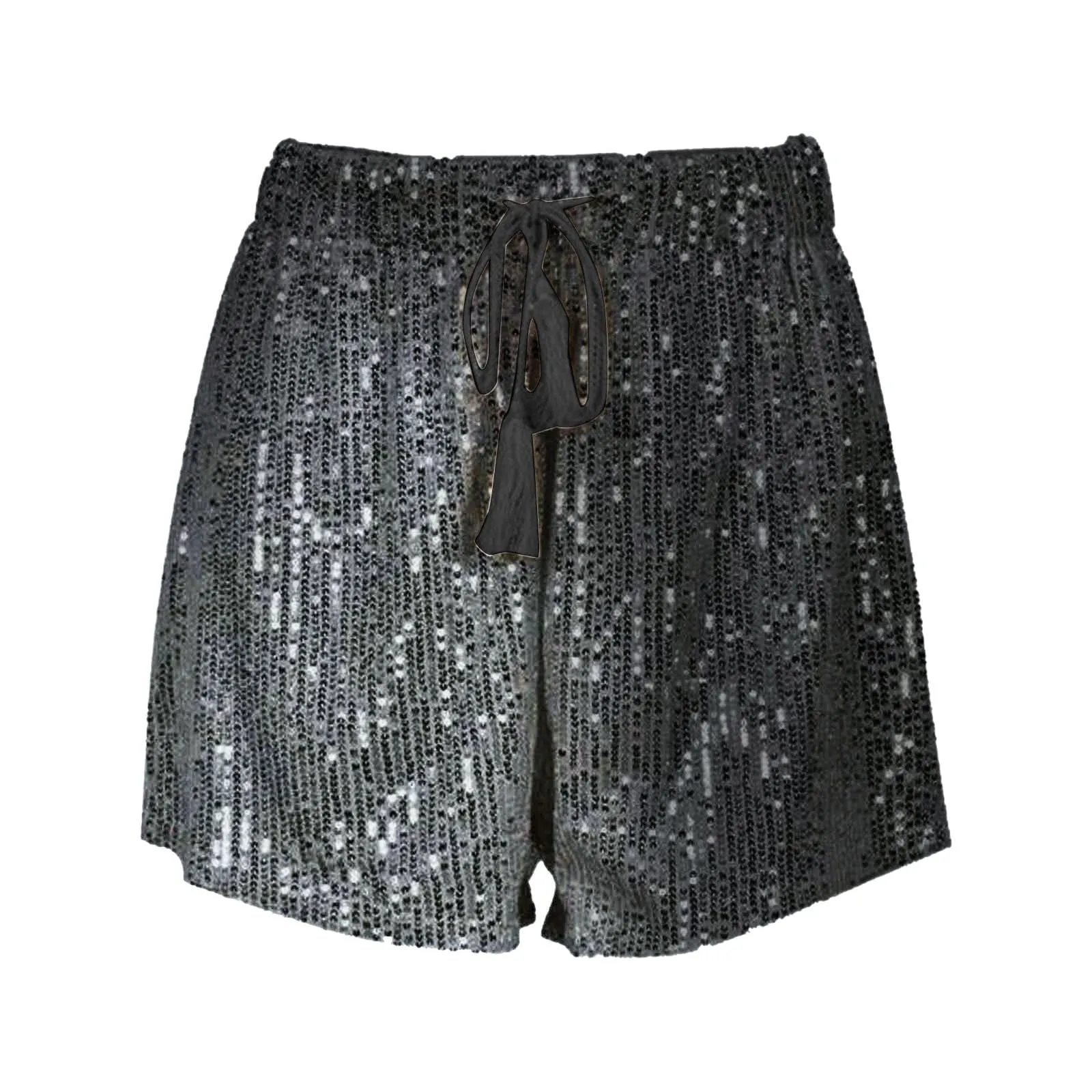 Generico Pantaloncini Donna Paillettes Larghi Vita Alta con Tasche, Nero, XL - immagine 7