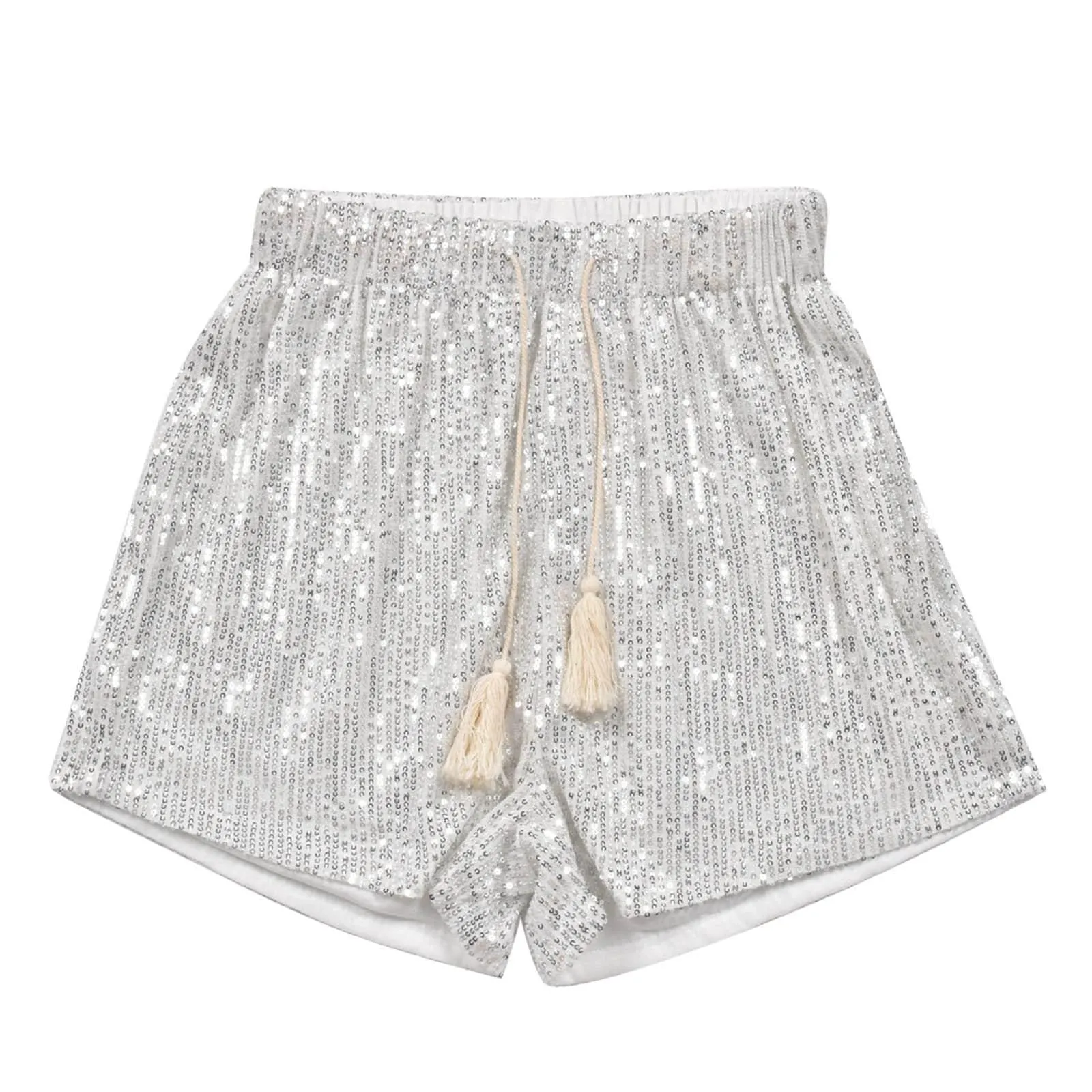 Generico Pantaloncini Donna Paillettes Vita Alta con Tasche e Coulisse (XXL, d'Argento) - immagine 7