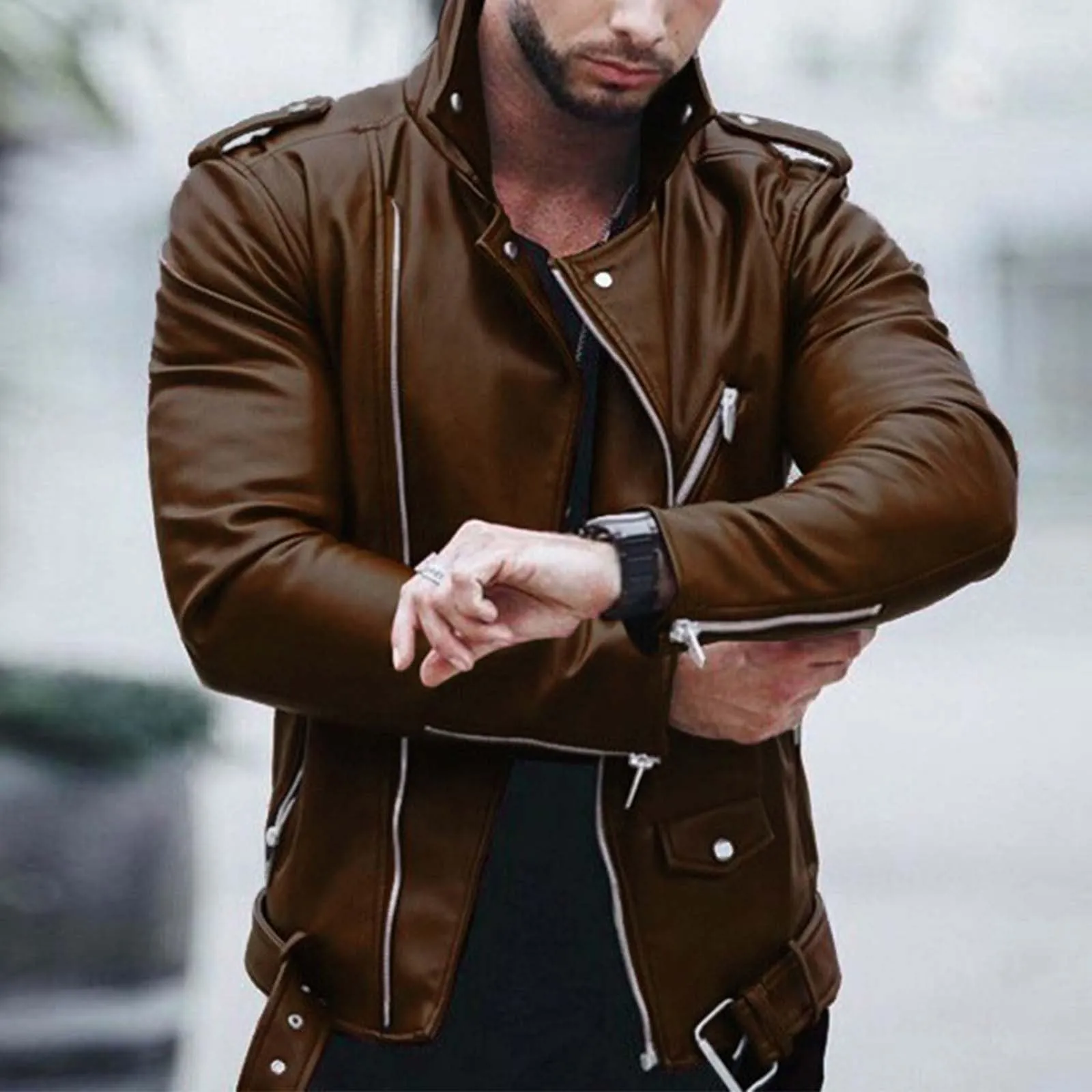 Giacca in Pelle Sintetica da Uomo Stile Biker Casual Tinta Unita - immagine 2