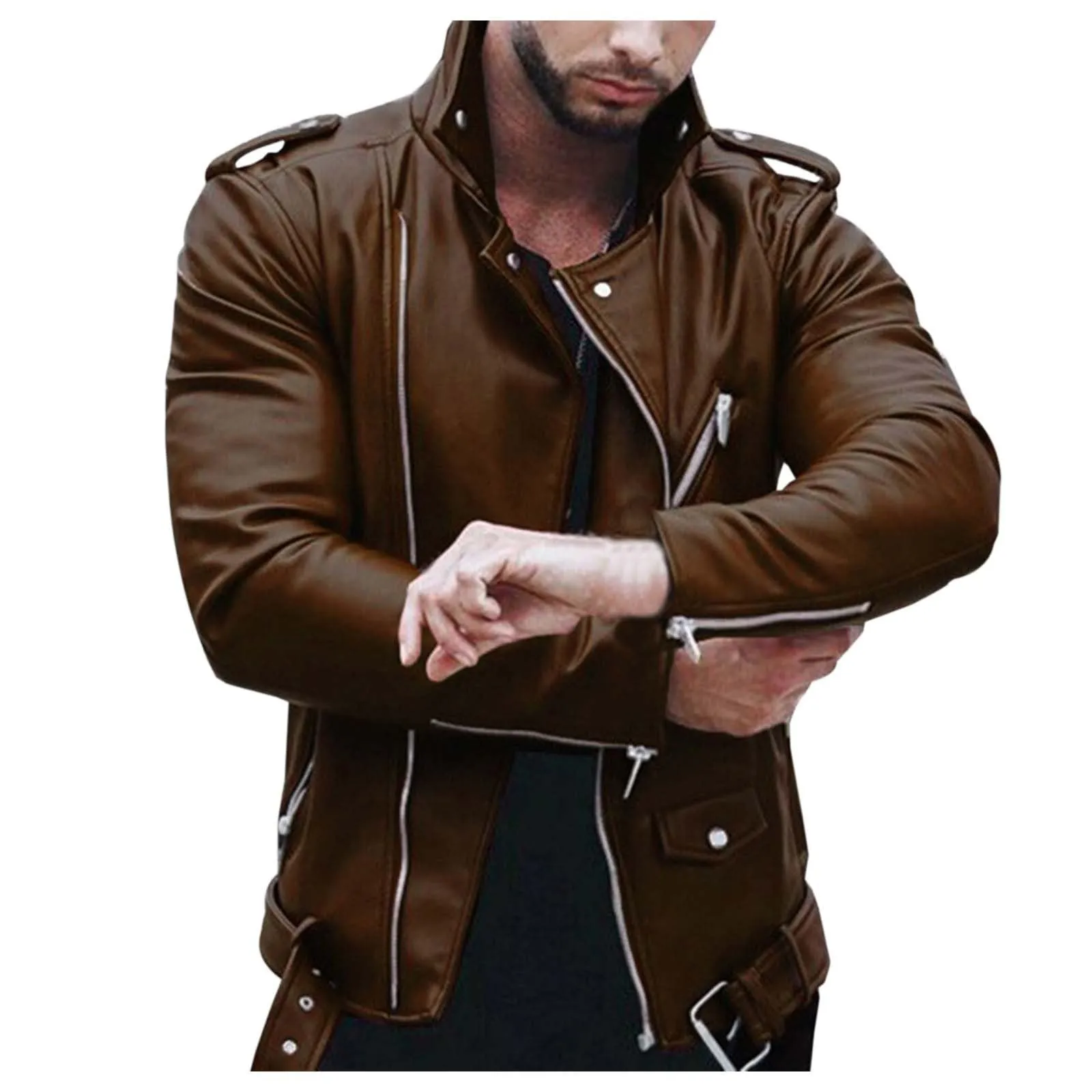 Giacca in Pelle Sintetica da Uomo Stile Biker Casual Tinta Unita - immagine 1