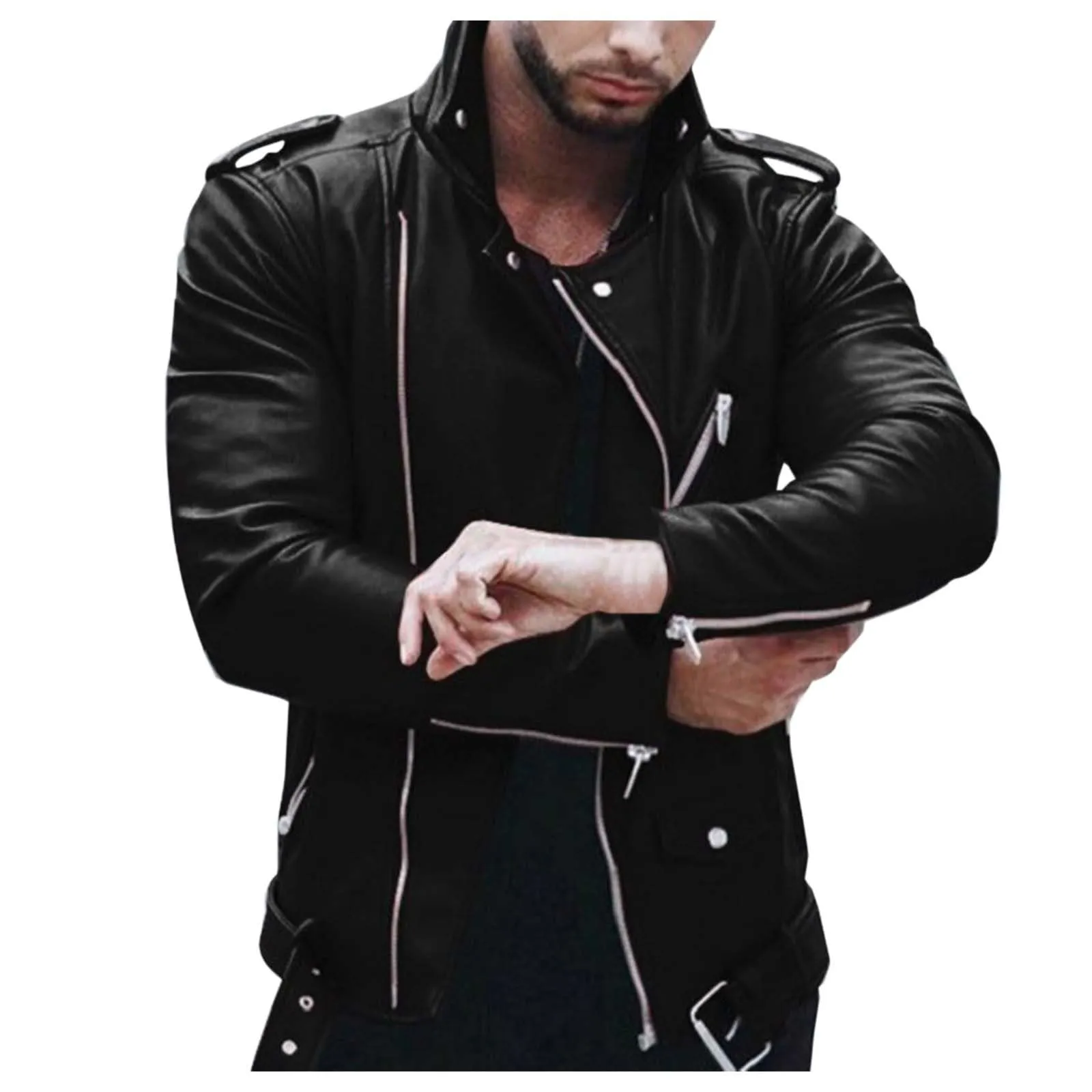 Generic Giubbotto in Ecopelle Uomo Stile Biker Bomber Moto Nero 4XL - immagine 1