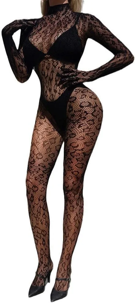SDFWGG Bodystocking Donna Catsuit Lingerie Body Collant Tuta Intera a Rete Traforata con Maniche Lunghe - immagine 1