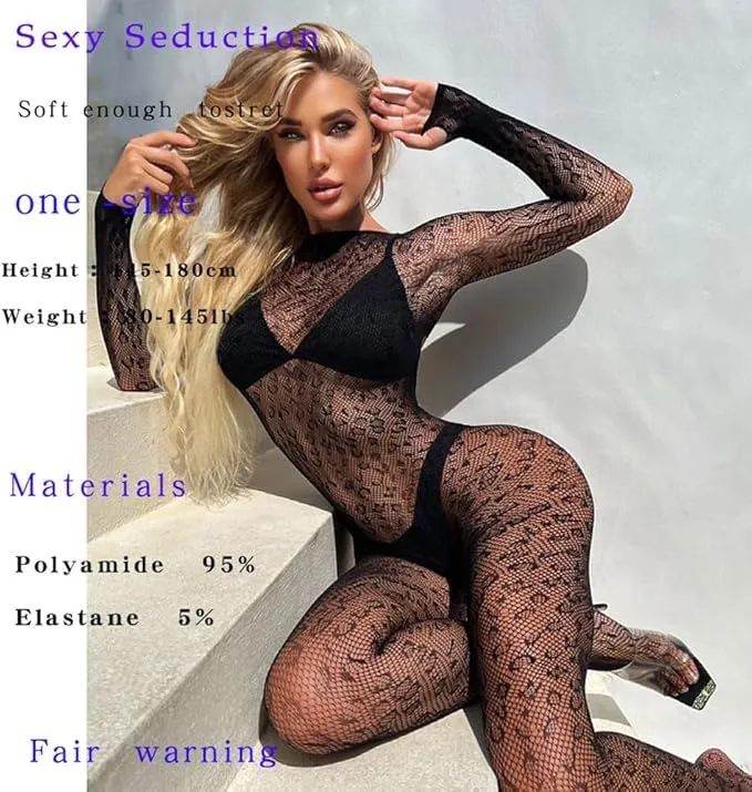 SDFWGG Bodystocking Donna Catsuit Lingerie Body Collant Tuta Intera a Rete Traforata con Maniche Lunghe - immagine 2