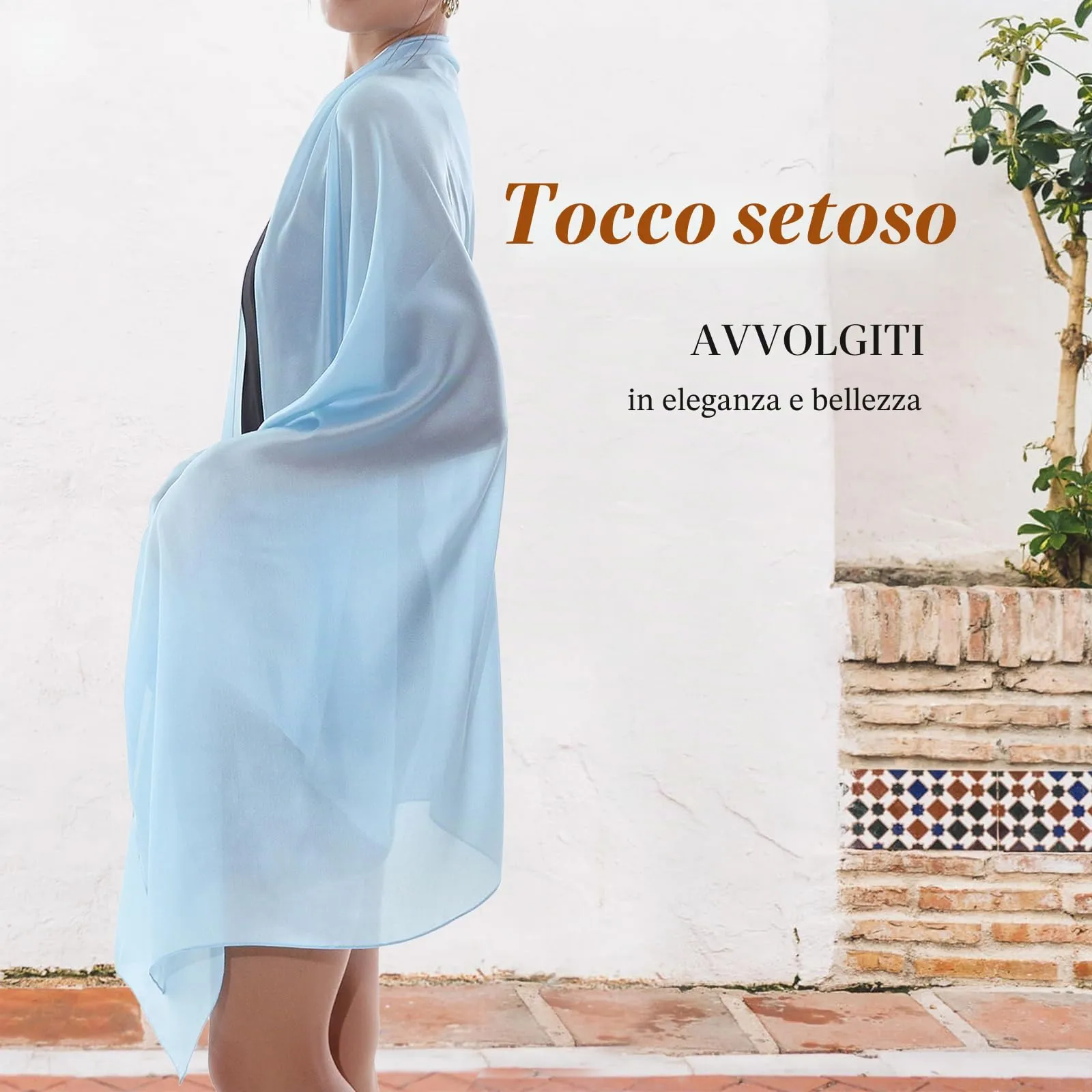 RIIQIICHY Stola in Seta per Donna, Sciarpa Pashmina Leggera per Cerimonia e Abito da Sera, Blu Cielo - immagine 4