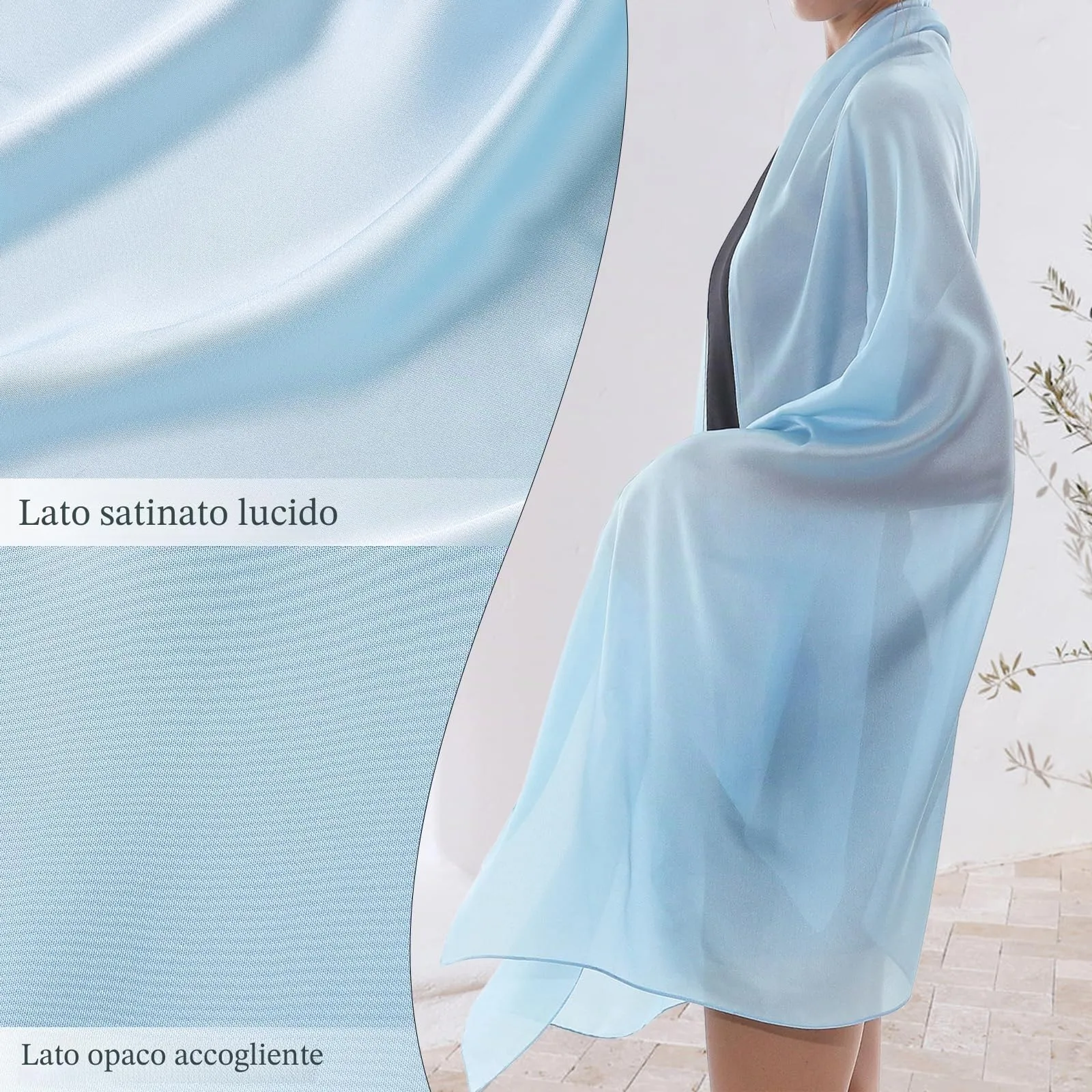 RIIQIICHY Stola in Seta per Donna, Sciarpa Pashmina Leggera per Cerimonia e Abito da Sera, Blu Cielo - immagine 5
