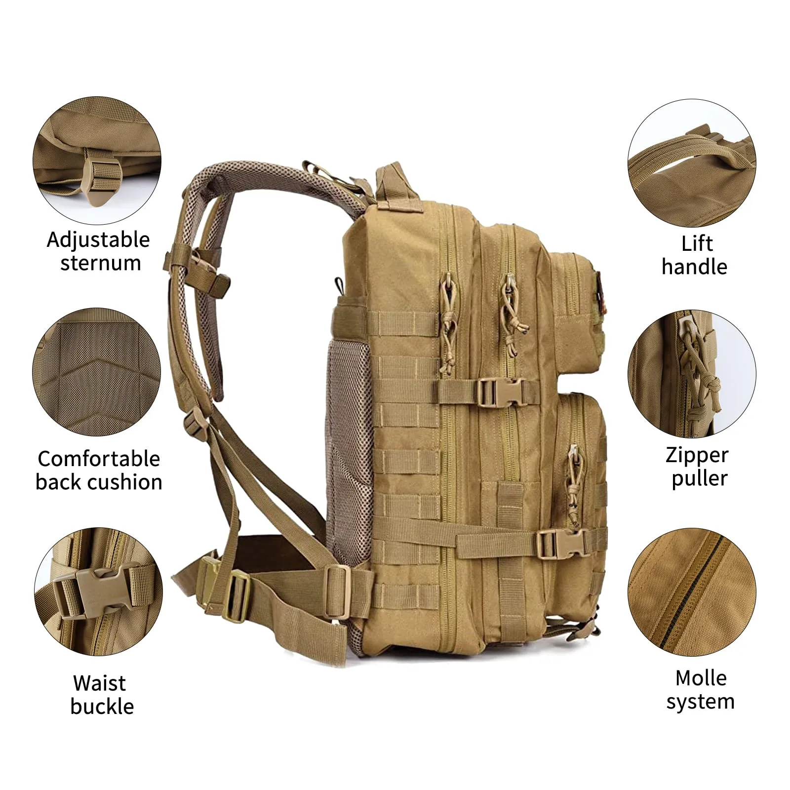 Oreunik Zaino Militare Tattico 45L Impermeabile Molle (Cachi) - immagine 3