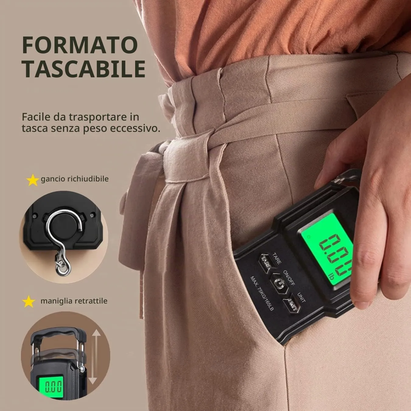 CAMRY Bilancia Digitale per Bagagli con Gancio e Metro a Nastro, 75kg, Nero - immagine 3